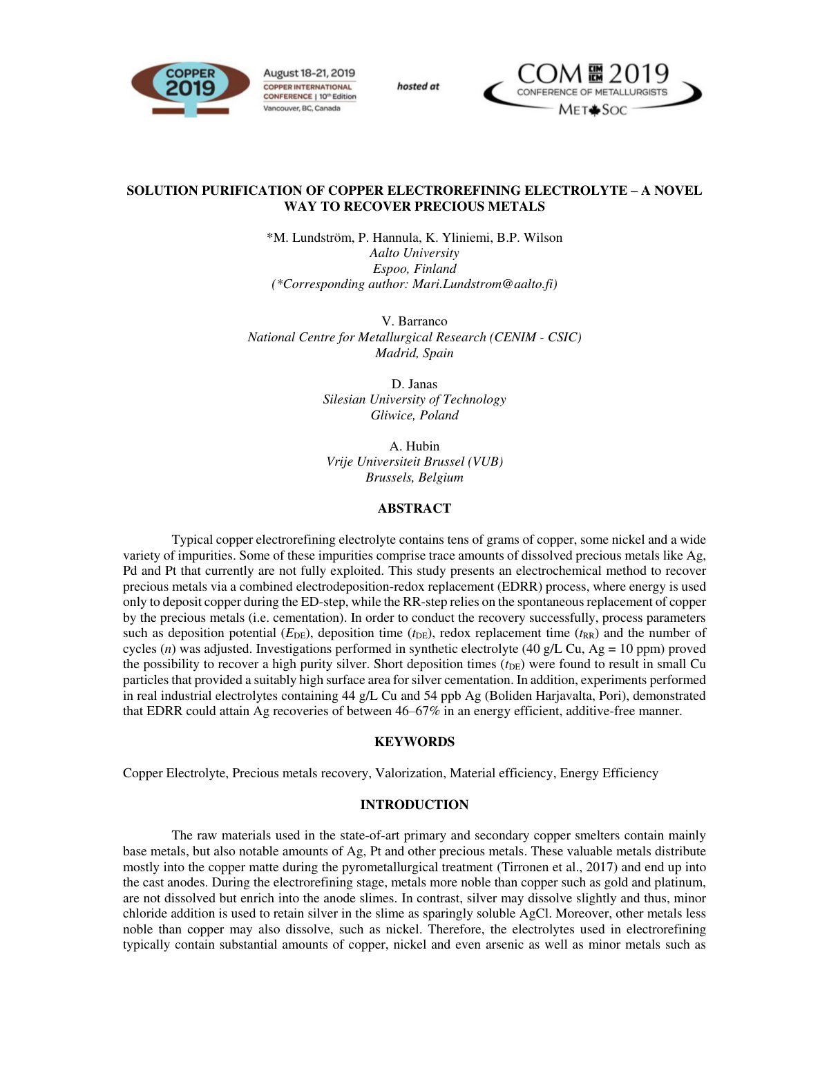First page of Solution Purification of Copper Electror