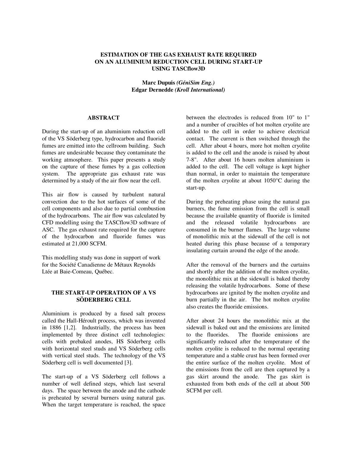 First page of ESTIMATION OF THE GAS EXHAUST RATE REQUIRED ON AN ALUMINIUM REDUCTION CELL DURING START-UP USING TASCflow3D