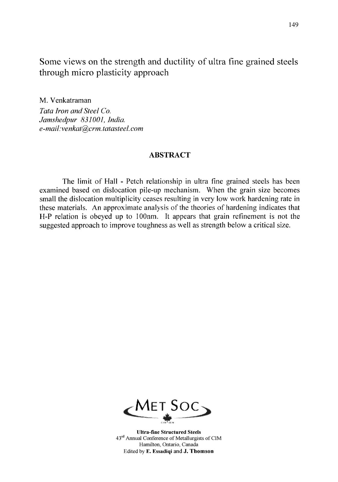 First page of Some views on the strength and ductility of ultra fine grained steels through micro plasticity approach