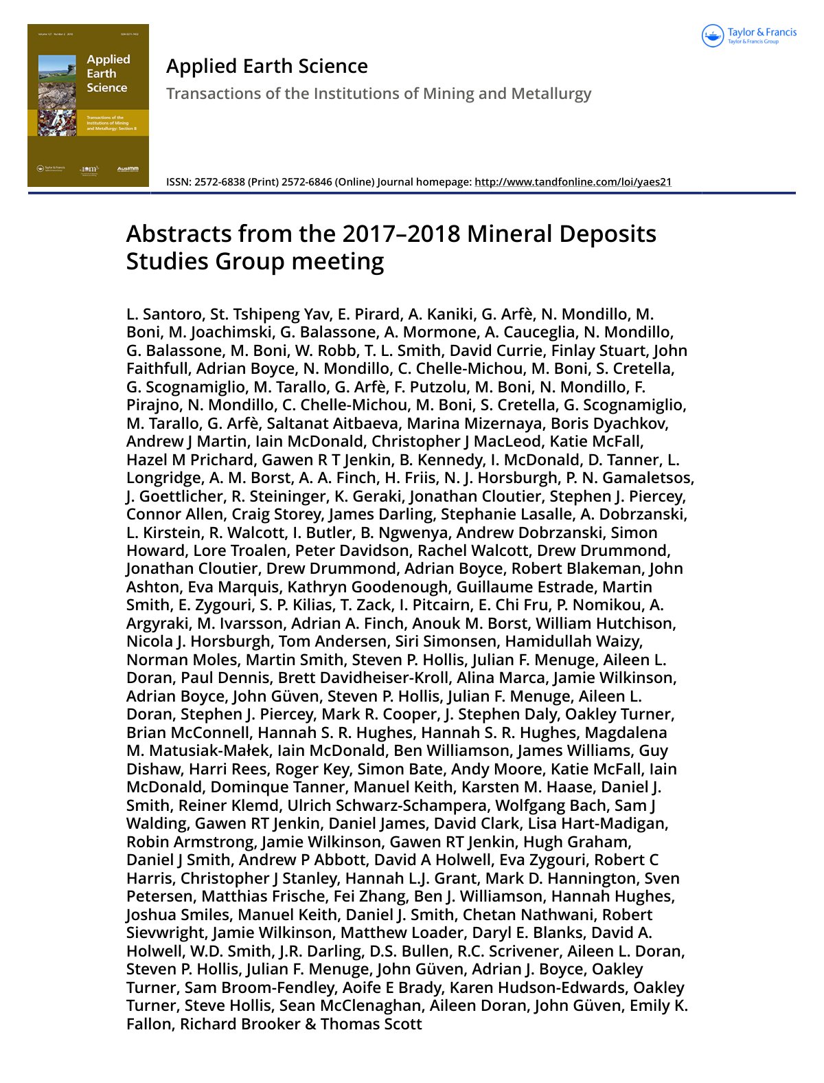 First page of Abstracts from the 2017–2018 Mineral Deposits Studies Group meeting