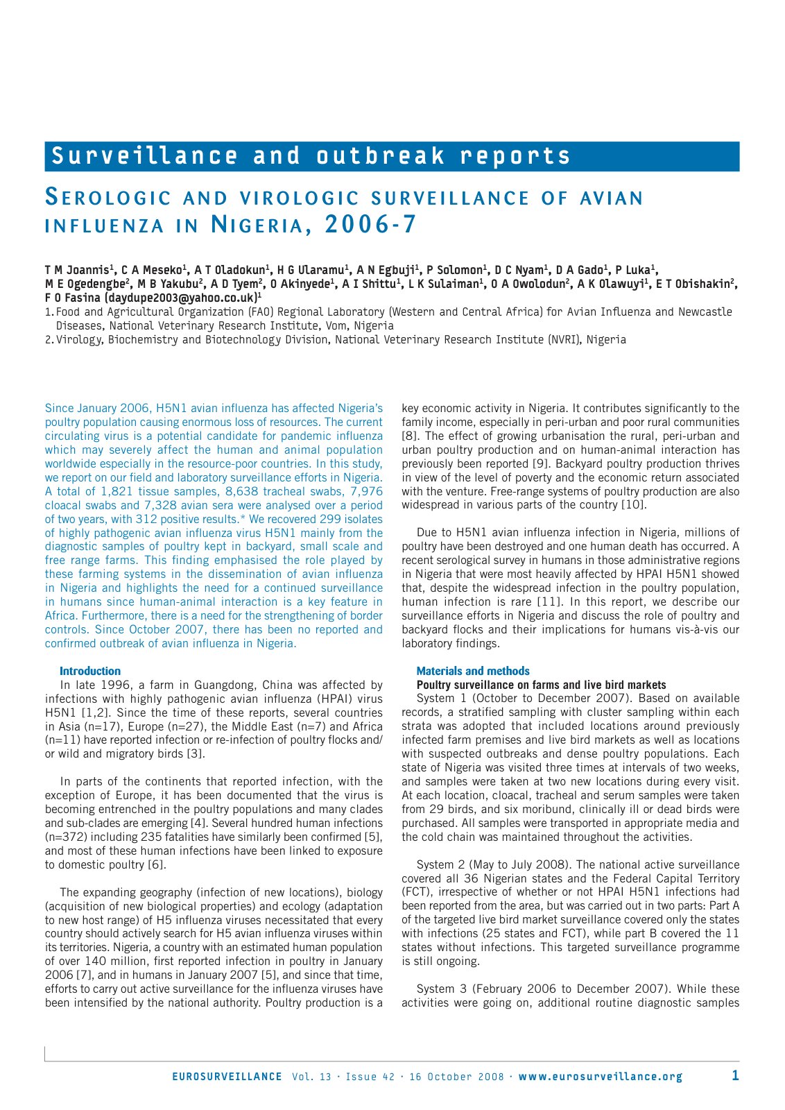 First page of Serologic and virologic surveillance of avian influenza in Nigeria, 2006-7