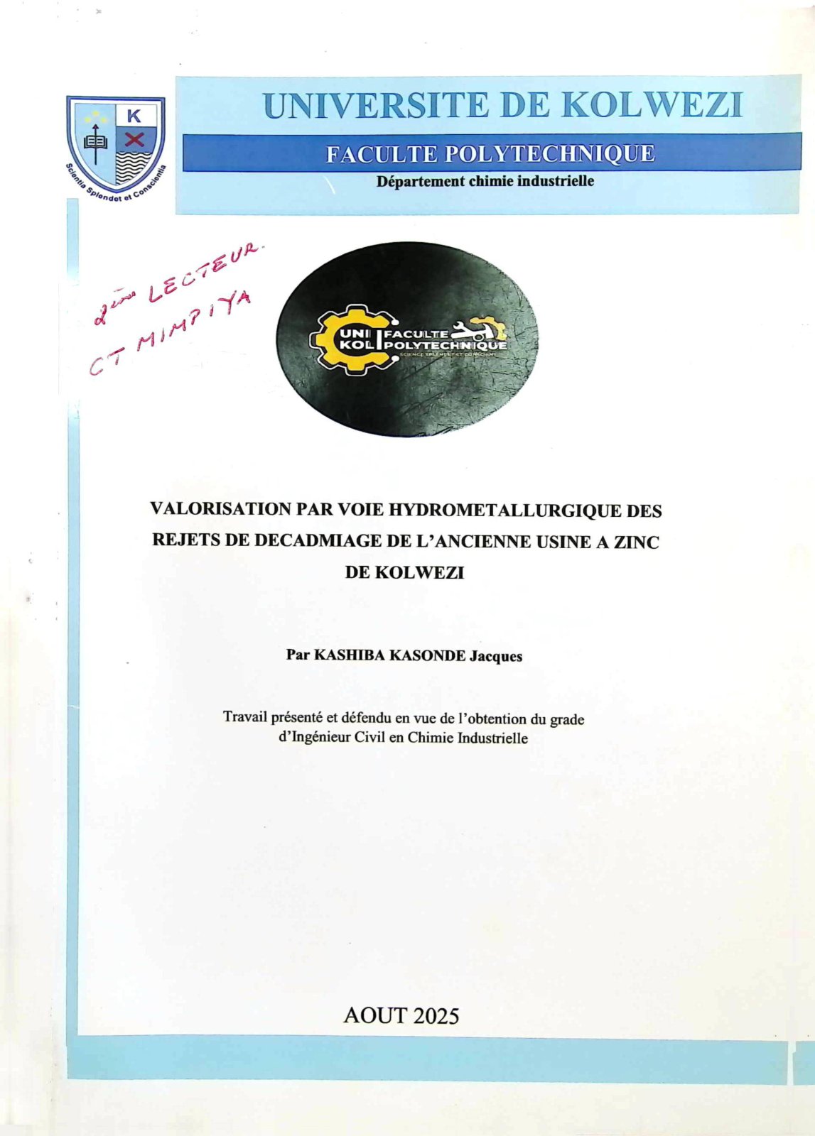 First page of VALORISATION PAR VOIE HYDROMETALLURGIQUE DES REJETS DE DECADMIAGE DE L'ANCIENNE USINE A ZINC DE KOLWEZI