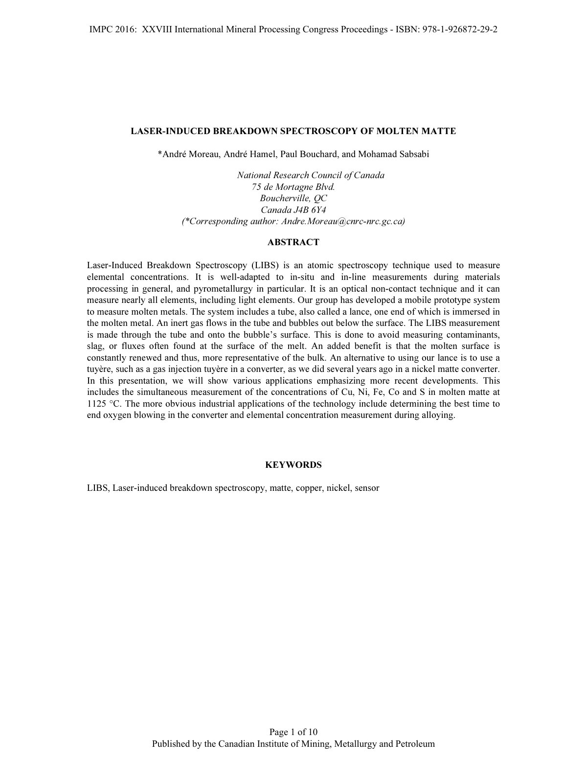 First page of LASER-INDUCED BREAKDOWN SPECTROSCOPY OF MOLTEN MATTE
