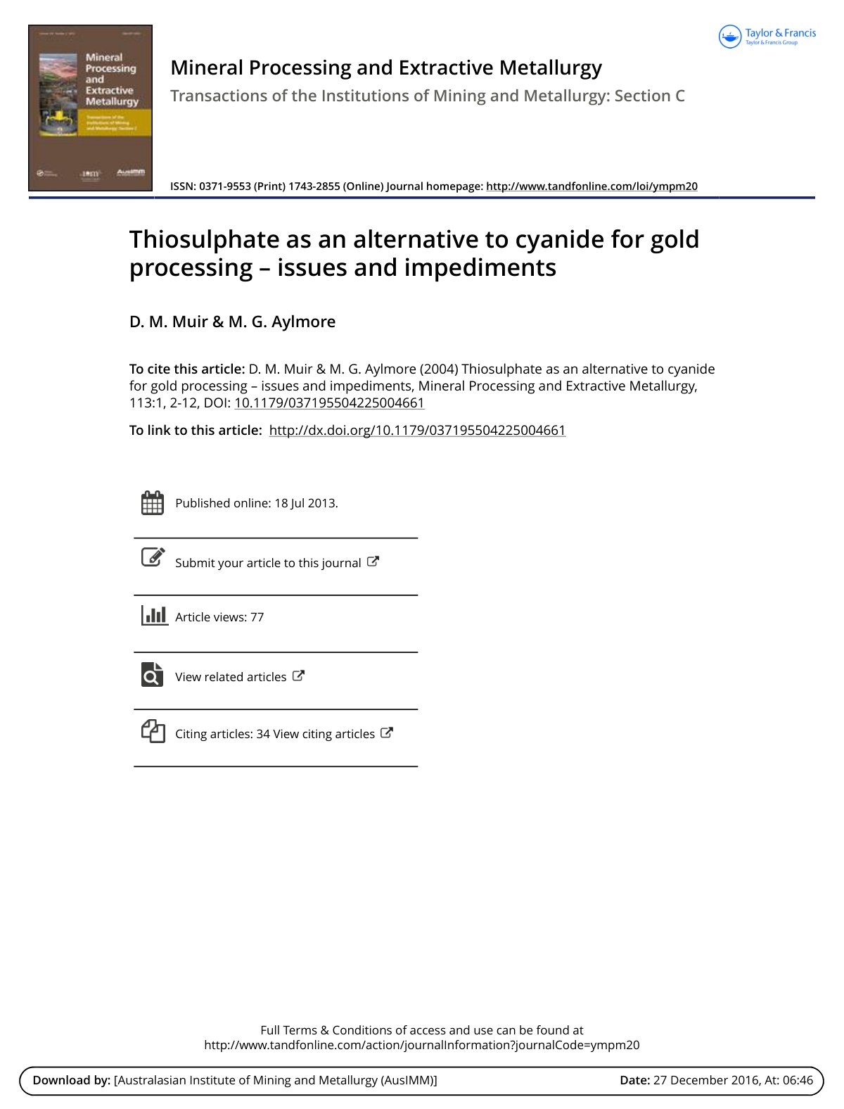 First page of Thiosulphate as an alternative to cyanide for gold processing – issues and impediments