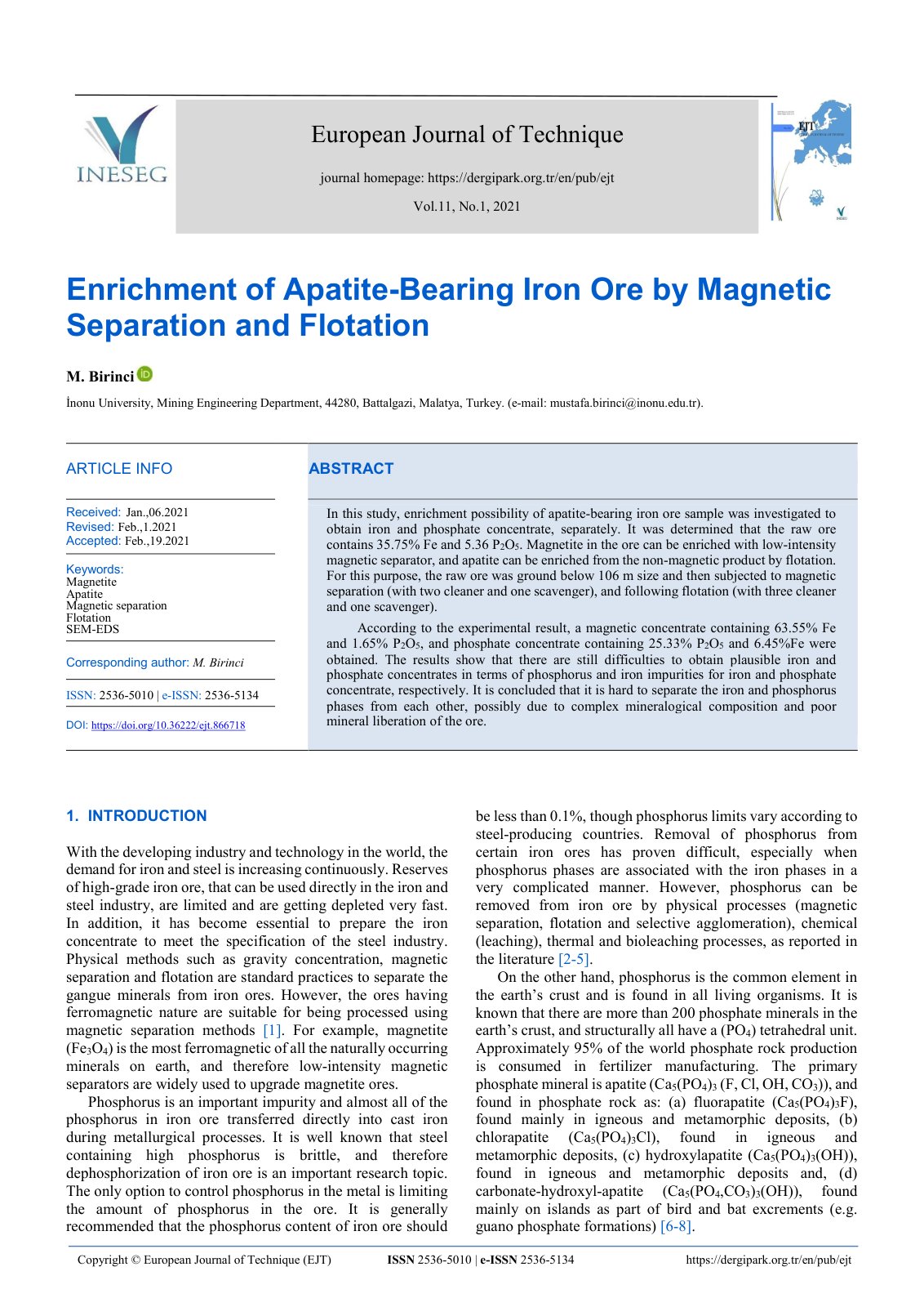 First page of Enrichment of Apatite-Bearing Iron Ore by Magnetic Separation and Flotation