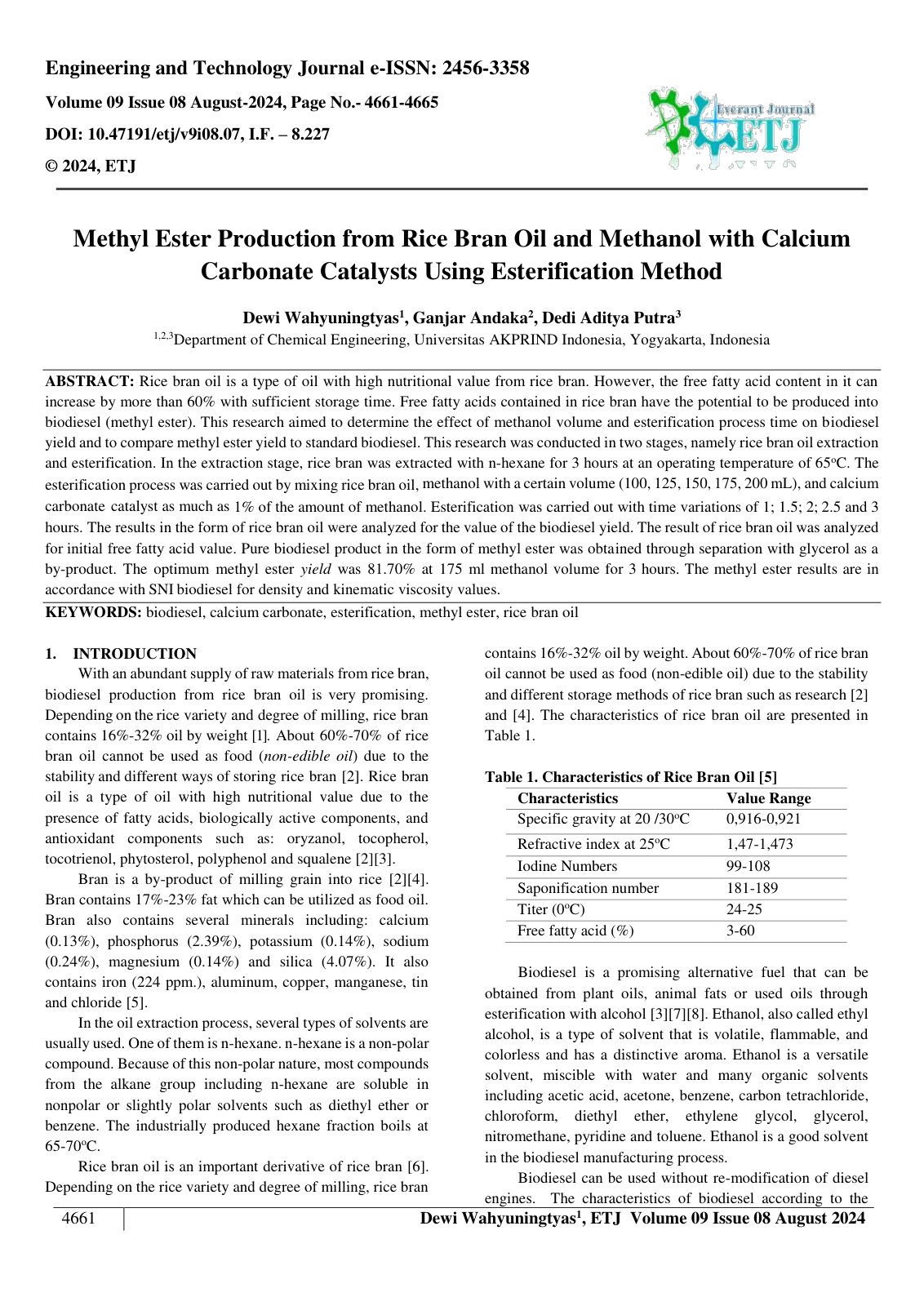 First page of Methyl Ester Production from Rice Bran Oil and Methanol with Calcium 