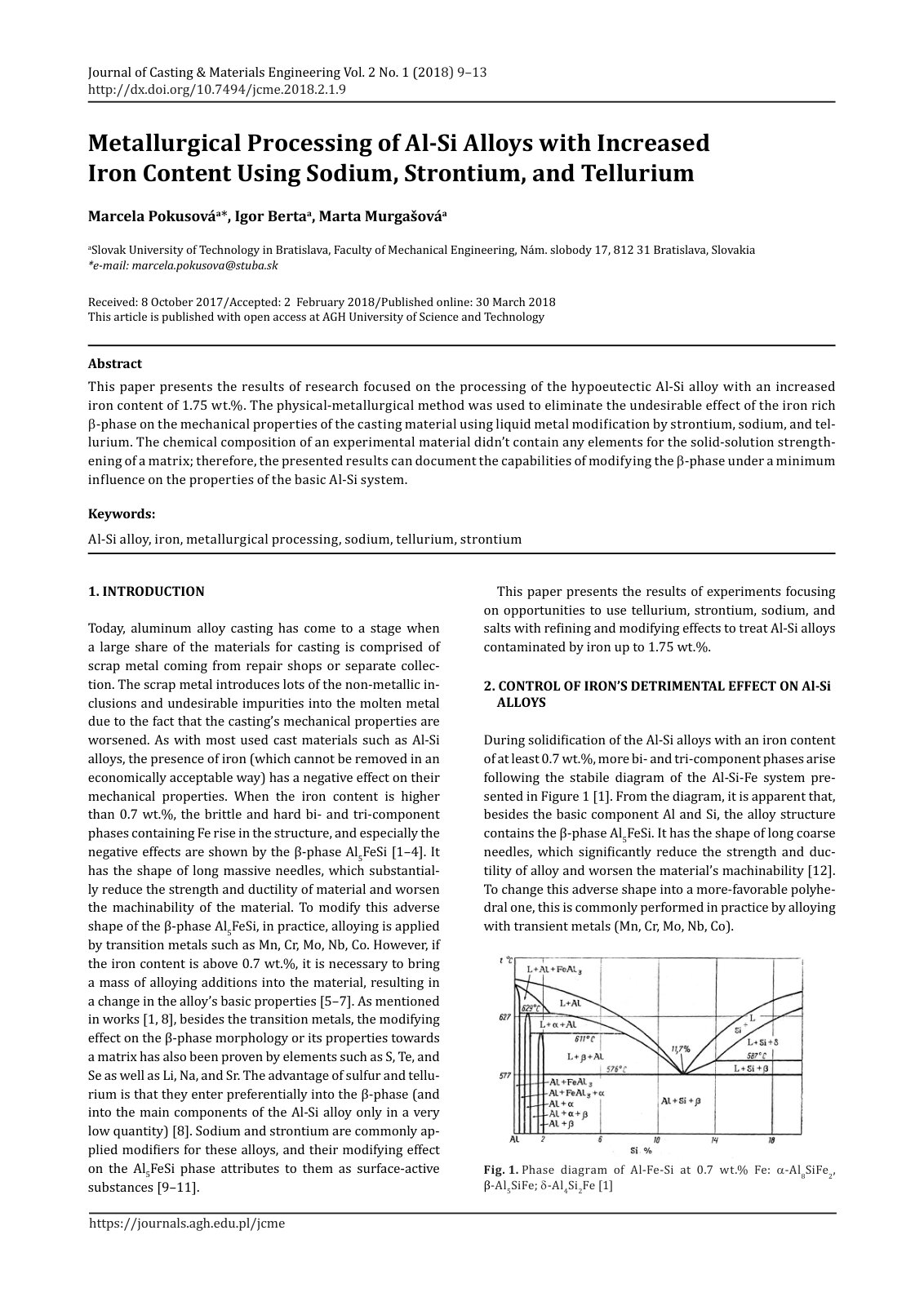 First page of Metallurgical Processing of Al-Si Alloys with Increased Iron Content Using Sodium, Strontium, and Tellurium
