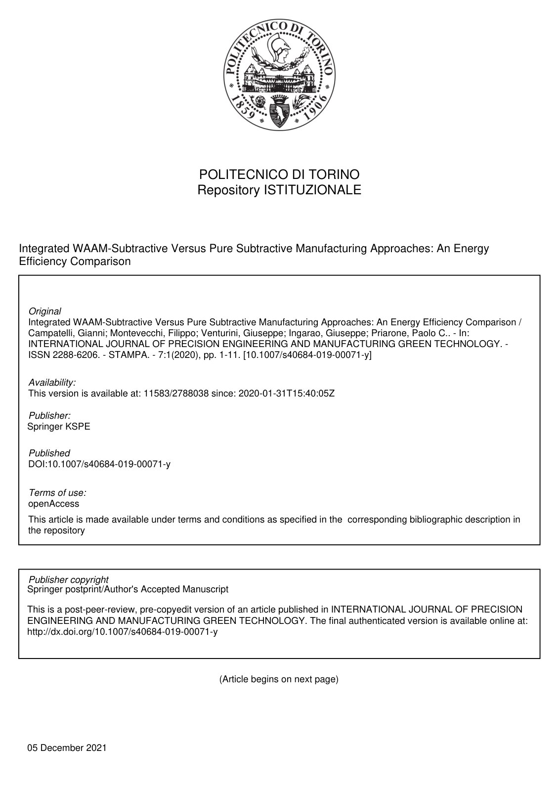 First page of Integrated WAAM Subtractive Versus Pure