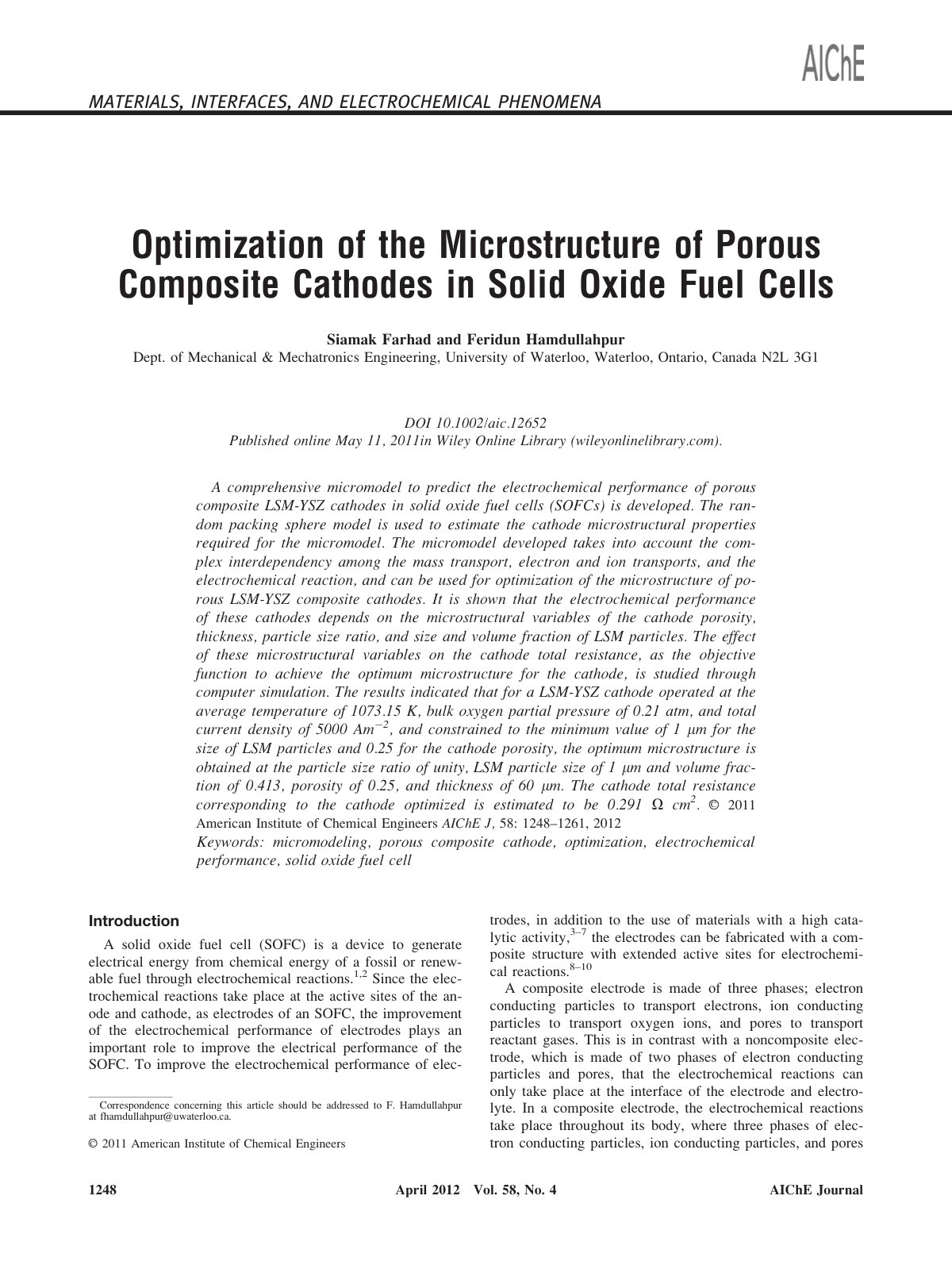 First page of Optimization of the Microstructure of Porous Composite Cathodes in Solid Oxide Fuel Cells