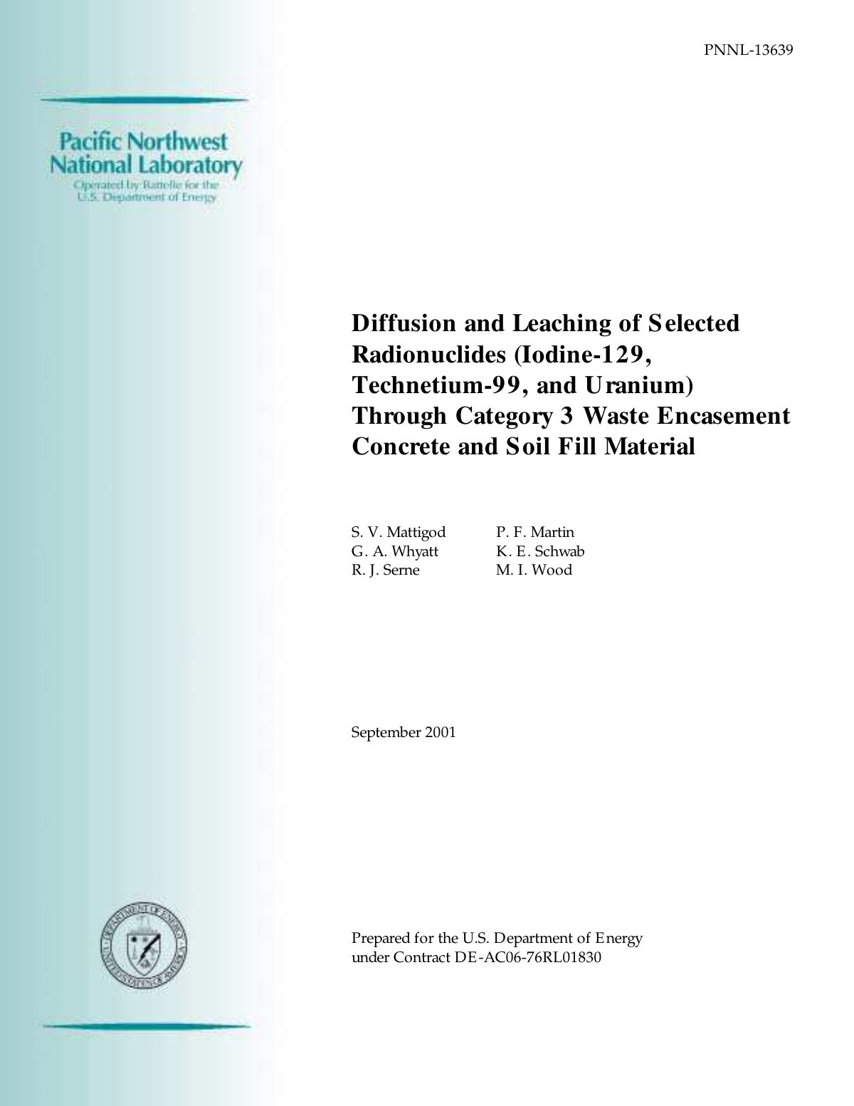 First page of Diffusion and Leaching of Selected Radionuclides (Iodine-129, Technetium-99, and Uranium) Through Category 3 Waste Encasement Concrete and Soil Fill Material