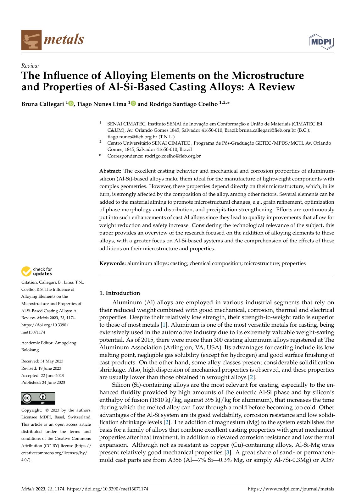 First page of The Inﬂuence of Alloying Elements on the Microstructure and Properties of Al-Si-Based Casting Alloys: A Review