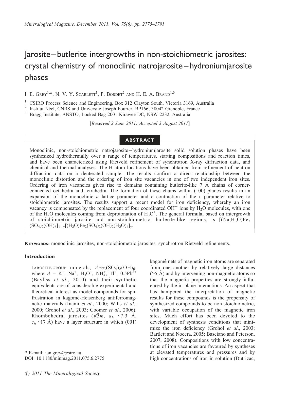 First page of Jarosite/C0butlerite intergrowths in non-stoichiometric jarosites: crystal chemistry of monoclinic natrojarosite^hydroniumjarosite phases