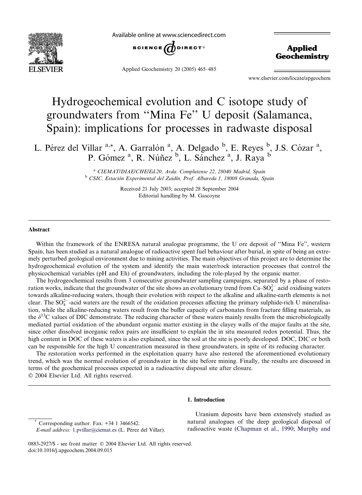 First page of Hydrogeochemical evolution and C isotope study of groundwaters from ‘‘Mina Fe’’ U deposit (Salamanca, Spain): implications for processes in radwaste disposal
