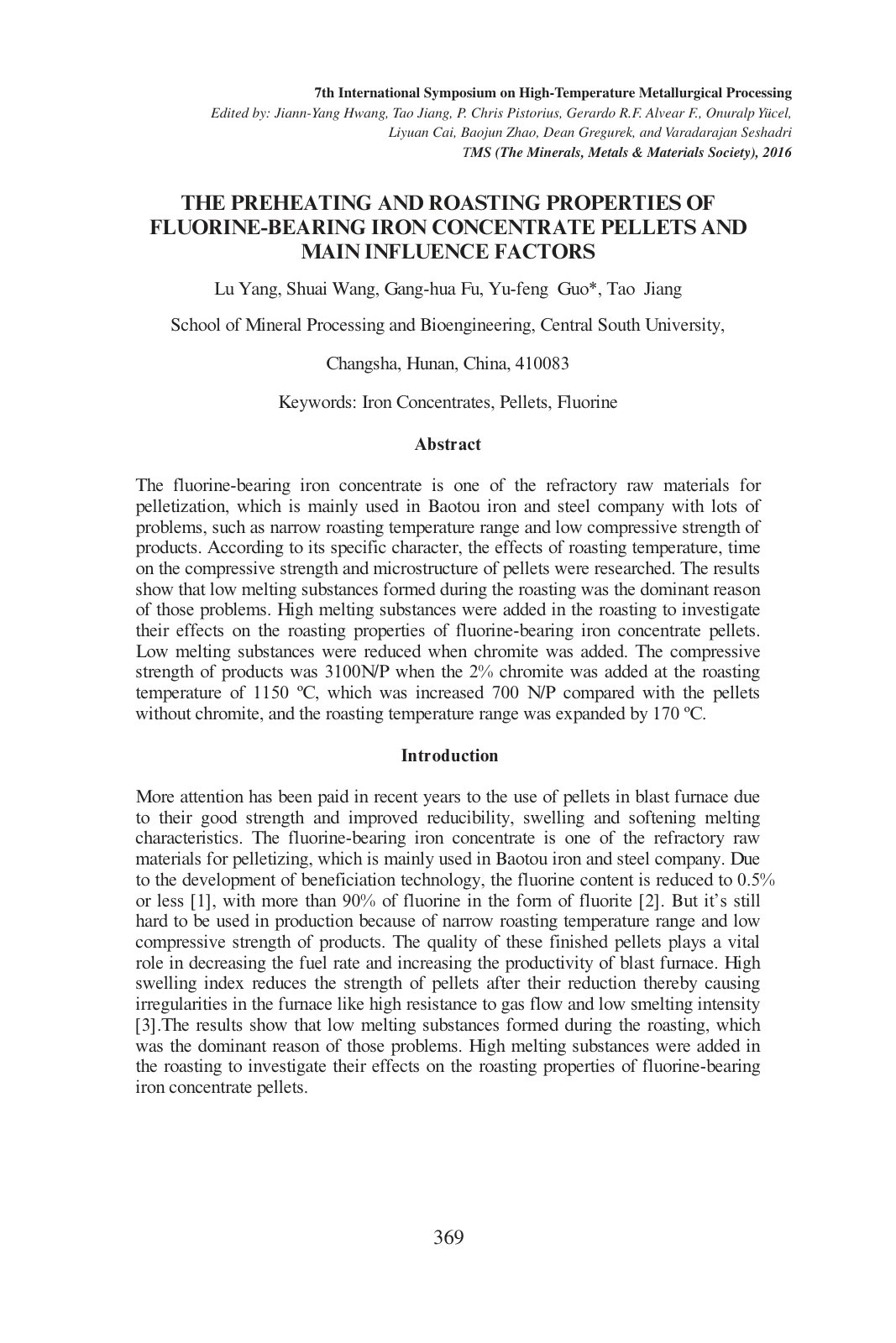 First page of The Preheating and Roasting Properties of Fluorine-Bearing Iron Concentrate Pellets and Main Influence Factors