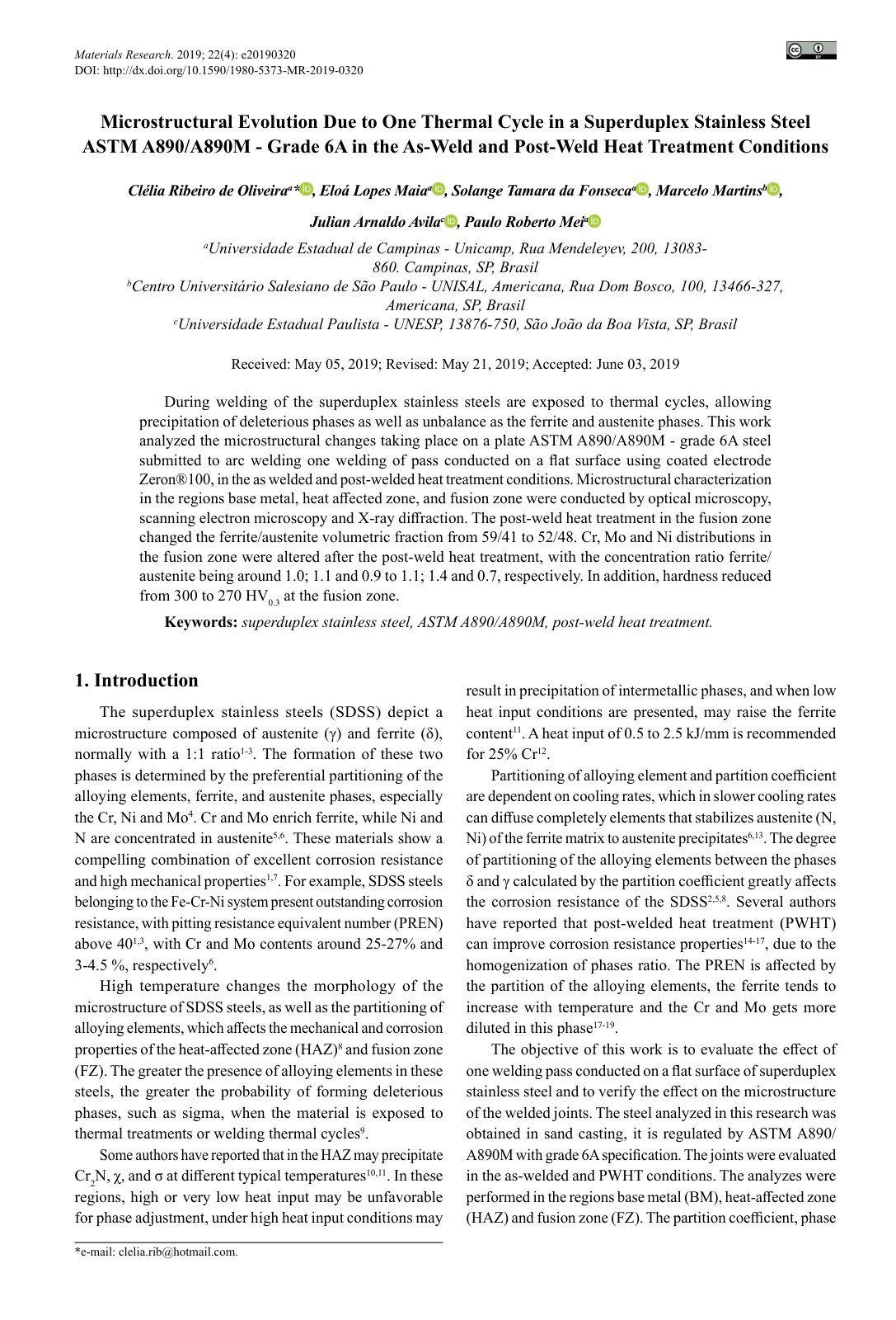First page of Microstructural Evolution Due to One Thermal Cycle in a Superduplex Stainless Steel ASTM A890/A890M - Grade 6A in the As-Weld and Post-Weld Heat Treatment Conditions