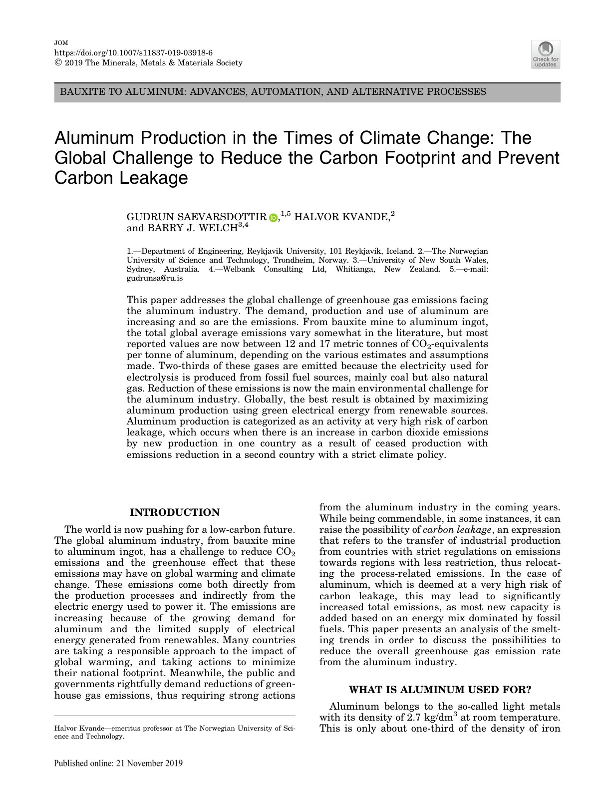 First page of Aluminum Production in the Times of Clim