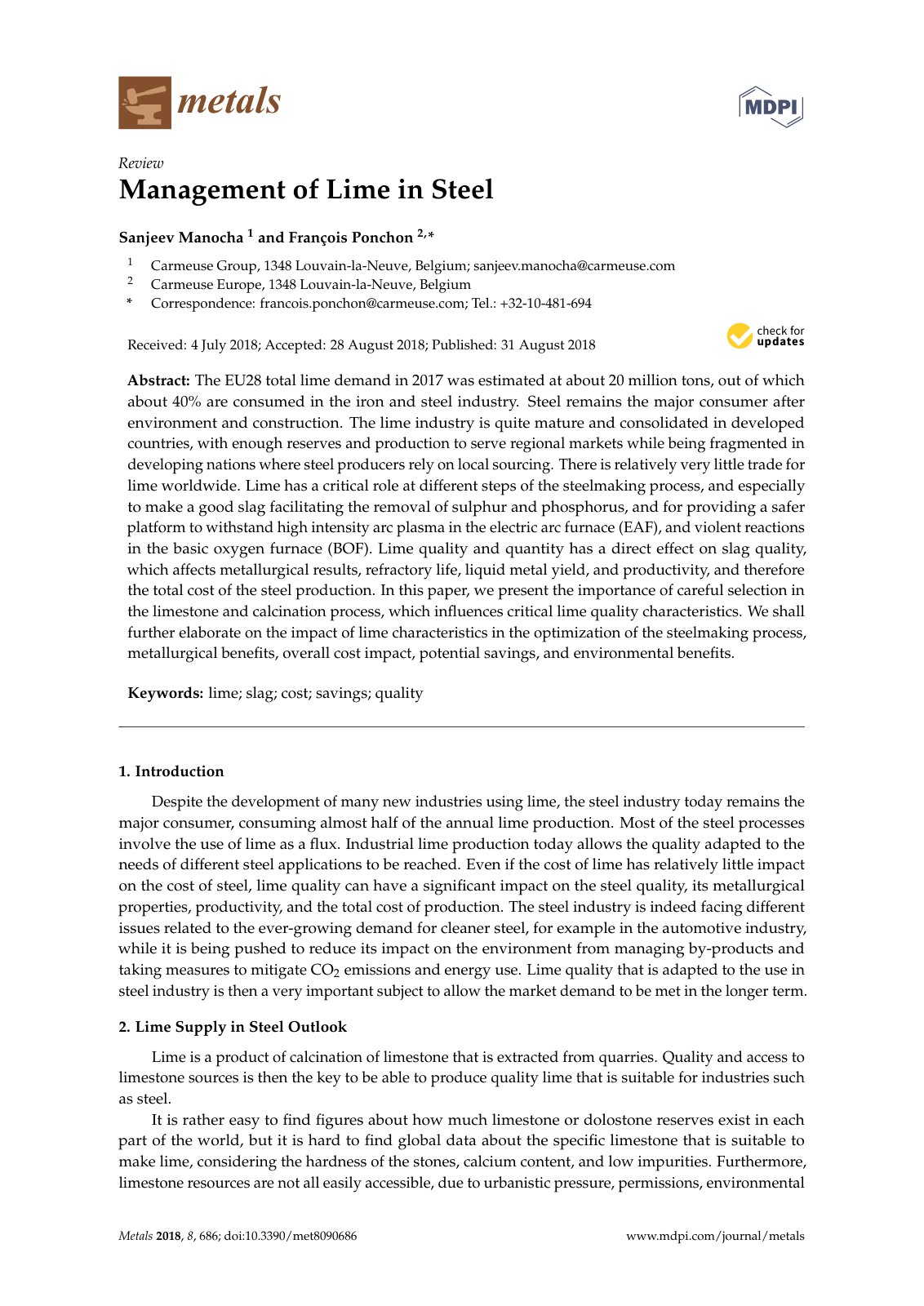 First page of Management of Lime in Steel