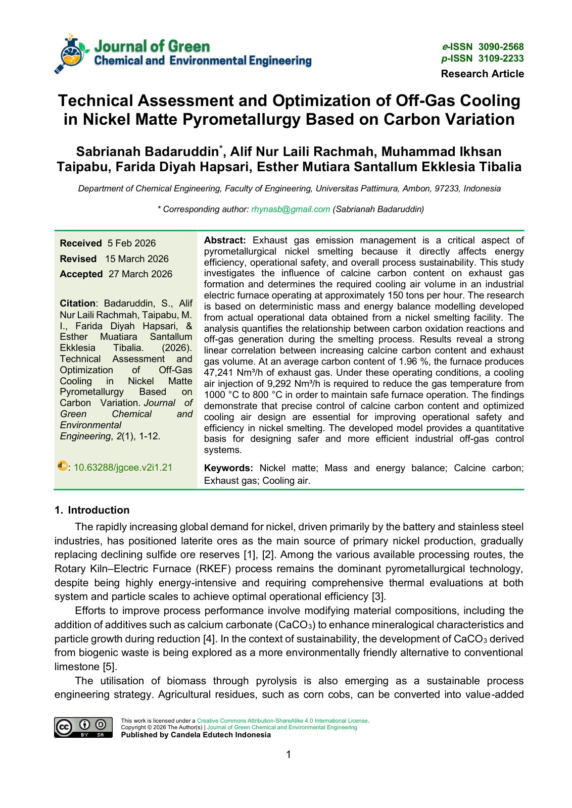 First page of Technical Assessment and Optimization of Off-Gas Cooling in Nickel Matte Pyrometallurgy Based on Carbon Variation