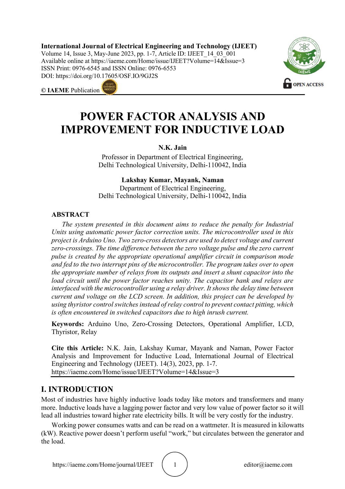 First page of POWER FACTOR ANALYSIS AND IMPROVEMENT FO