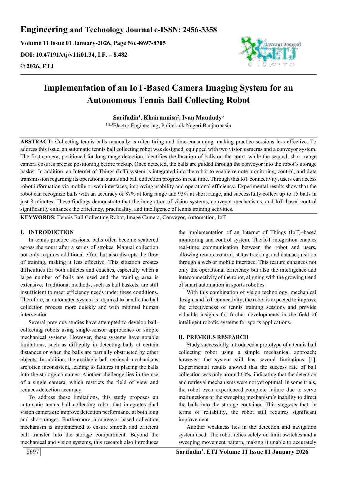 First page of Implementation of an IoT-Based Camera Imaging System for an  Autonomous Tennis Ball Collecting Robot  