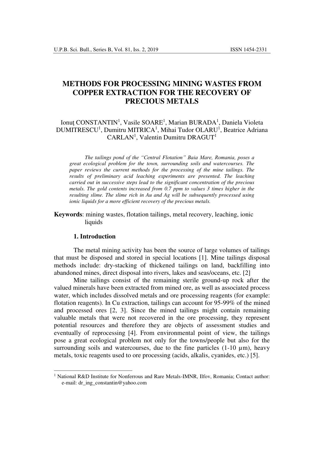 First page of Methods for Processing Mining Wastes fro