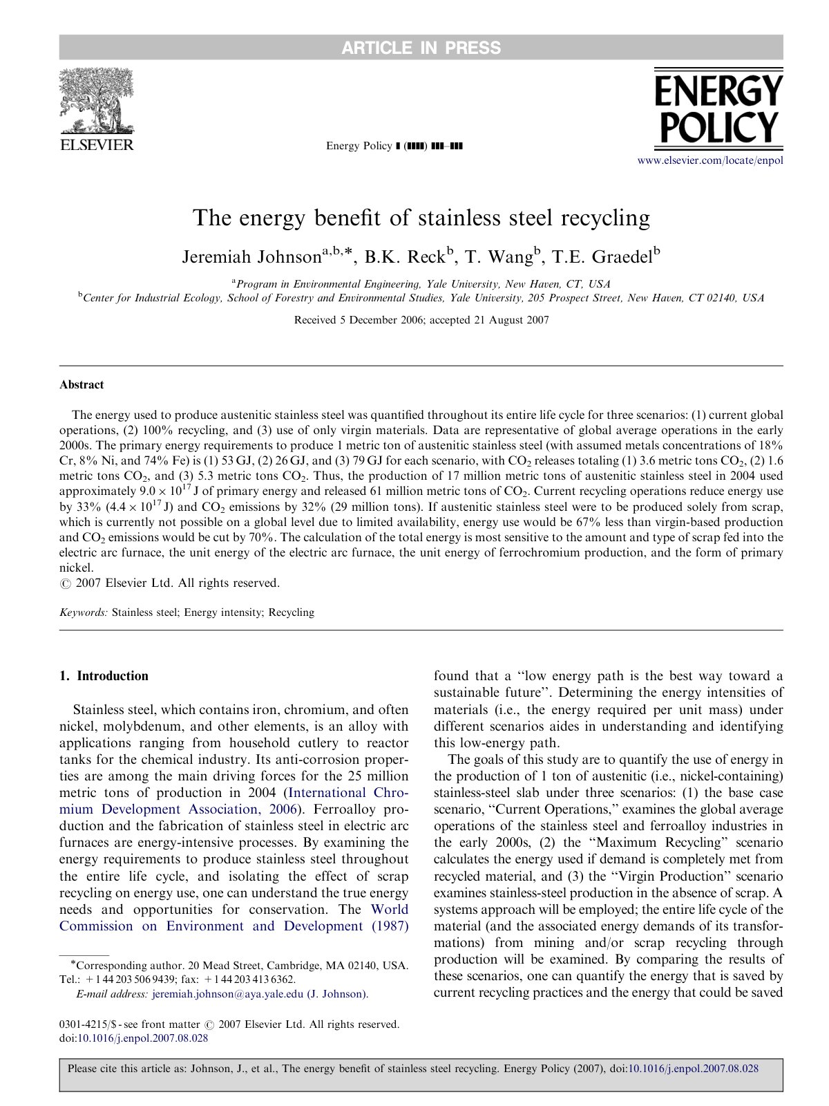 First page of The Energy Benefit of Stainless Steel Recycling