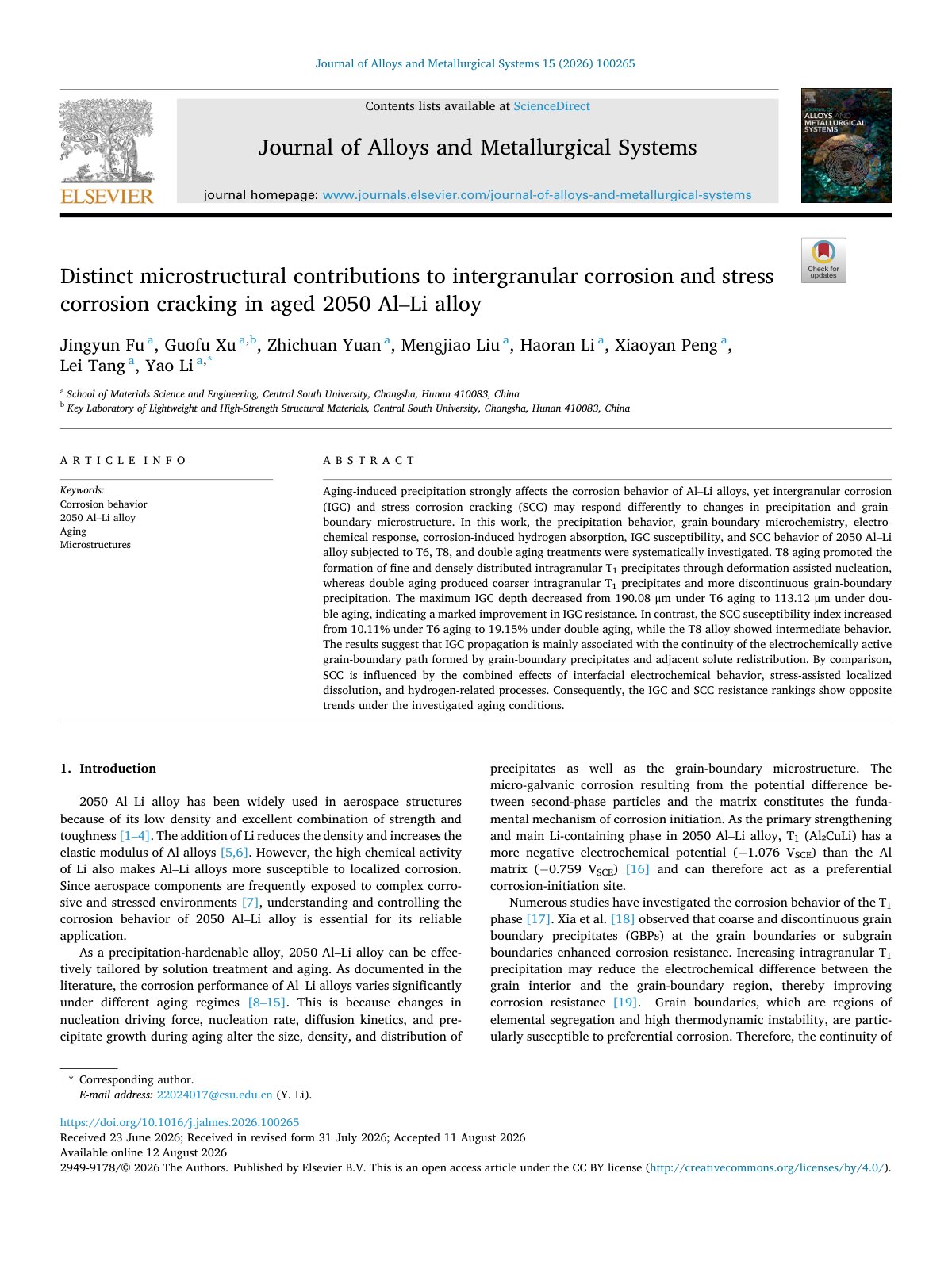 First page of Distinct microstructural contributions to intergranu 2026 Journal of Alloys 