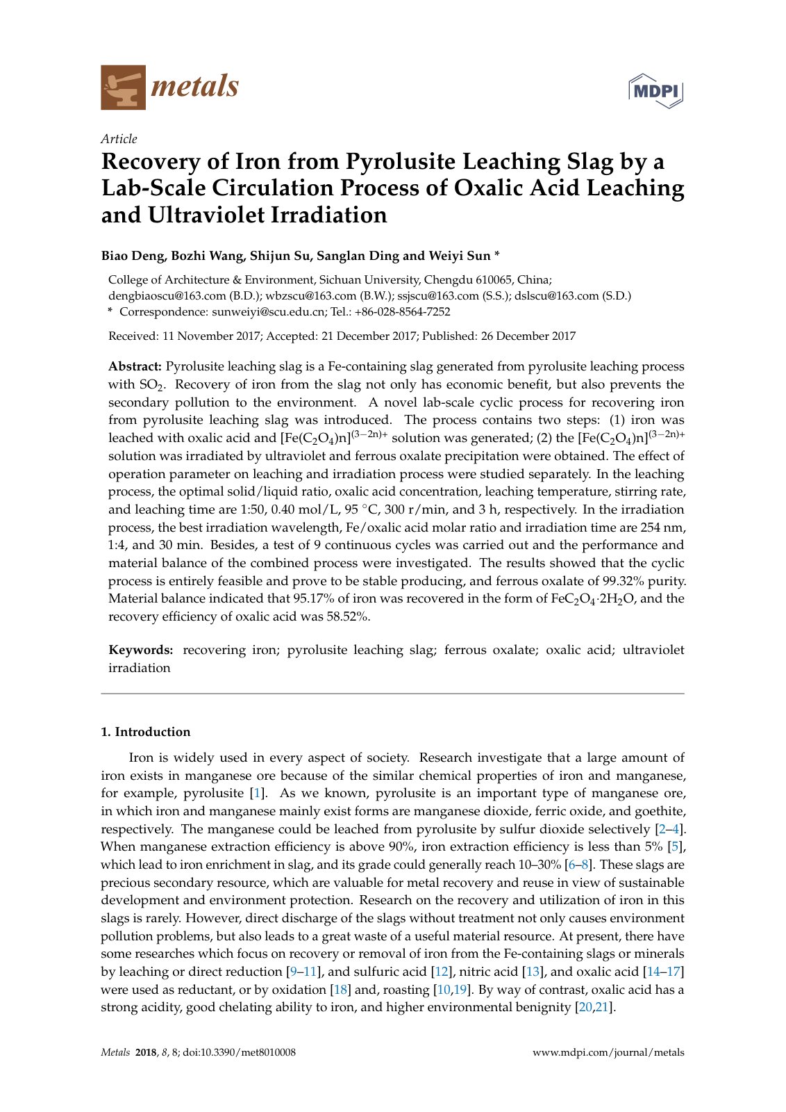 First page of 2018   Deng   Iron recovery from pyrolusite leaching slag