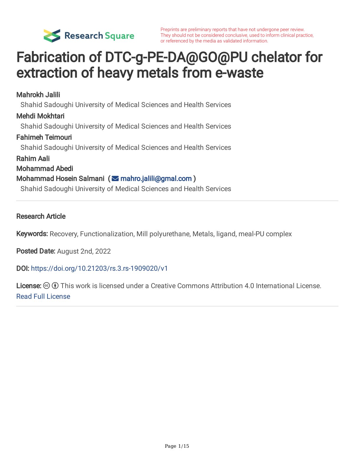 First page of Fabrication of DTC g PE DA at GO at PU c