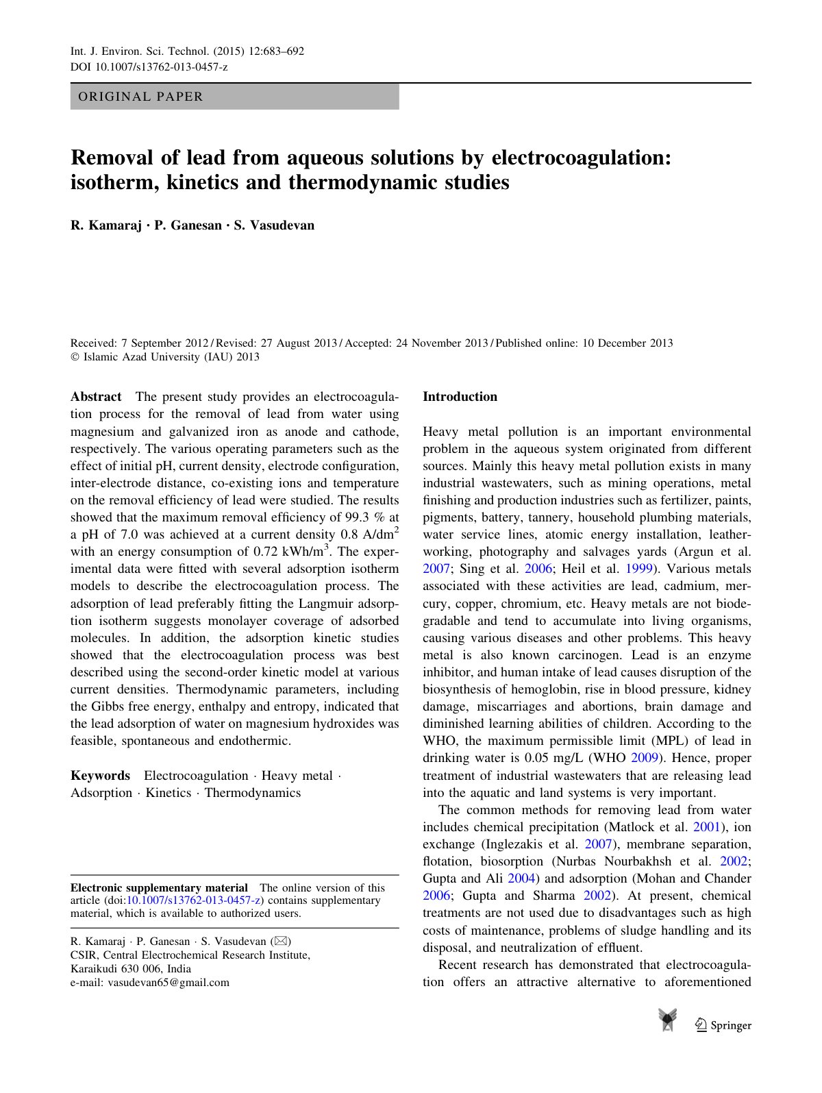First page of Removal of lead from aqueous solutions b