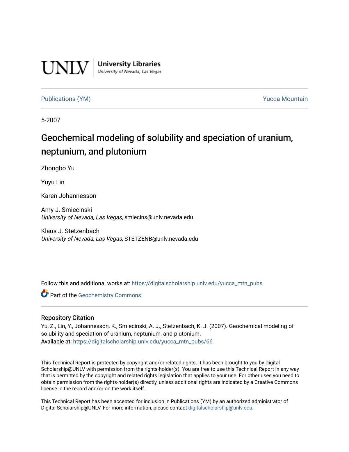 First page of Geochemical modeling of solubility and speciation of uranium, neptunium, and plutonium