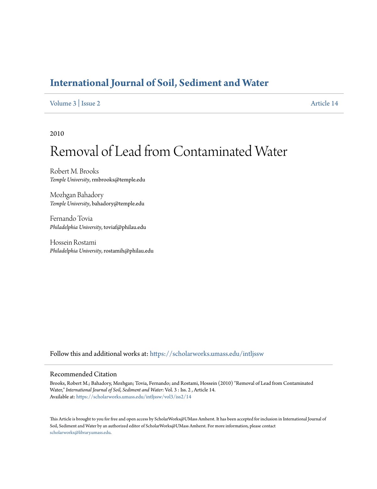 First page of Removal of lead from contaminated water