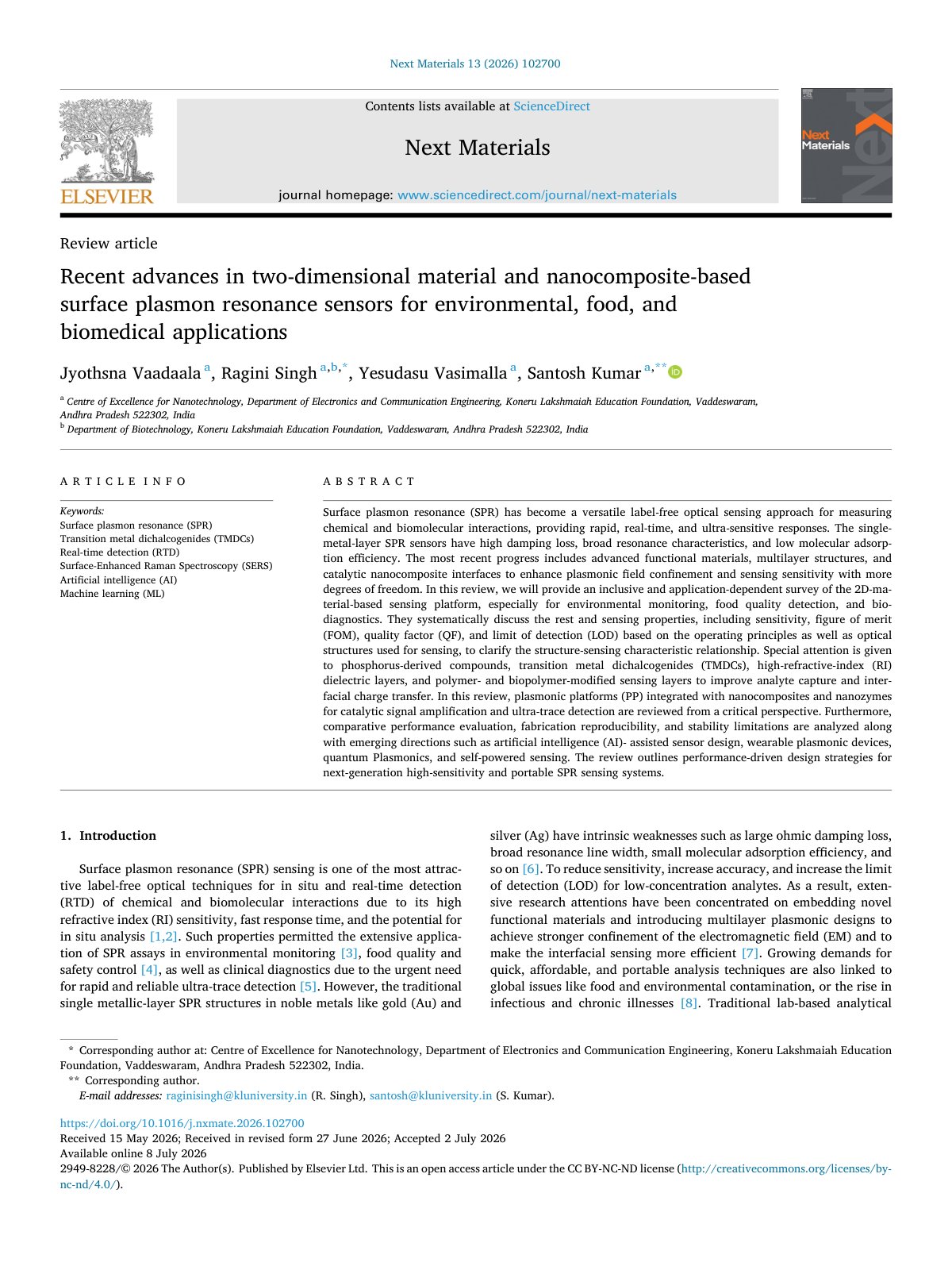 First page of Recent advances in two dimensional material and nanocomposite bas 2026 Next 