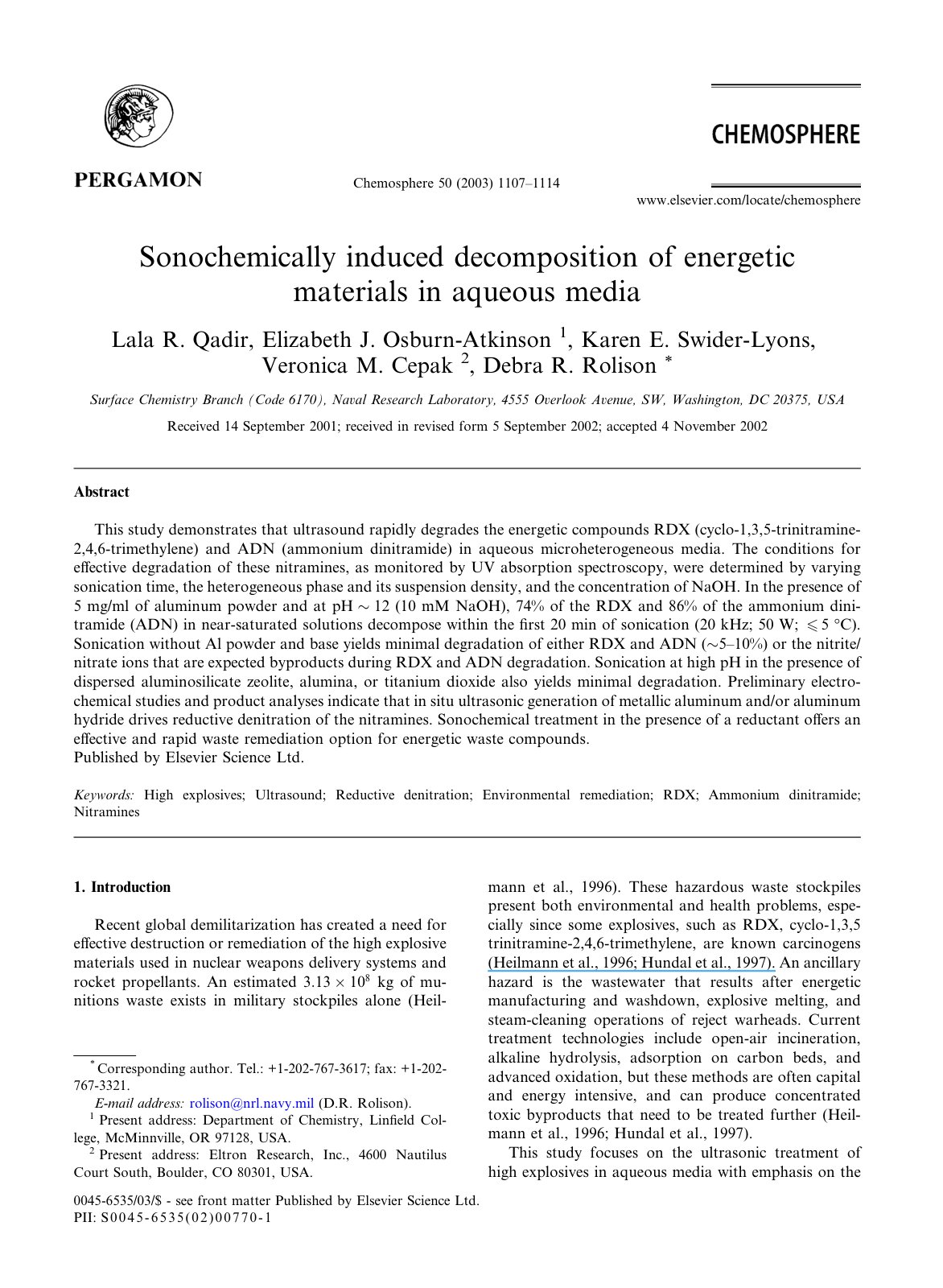 First page of Sonochemically induced decomposition of energetic materials in aqueous media