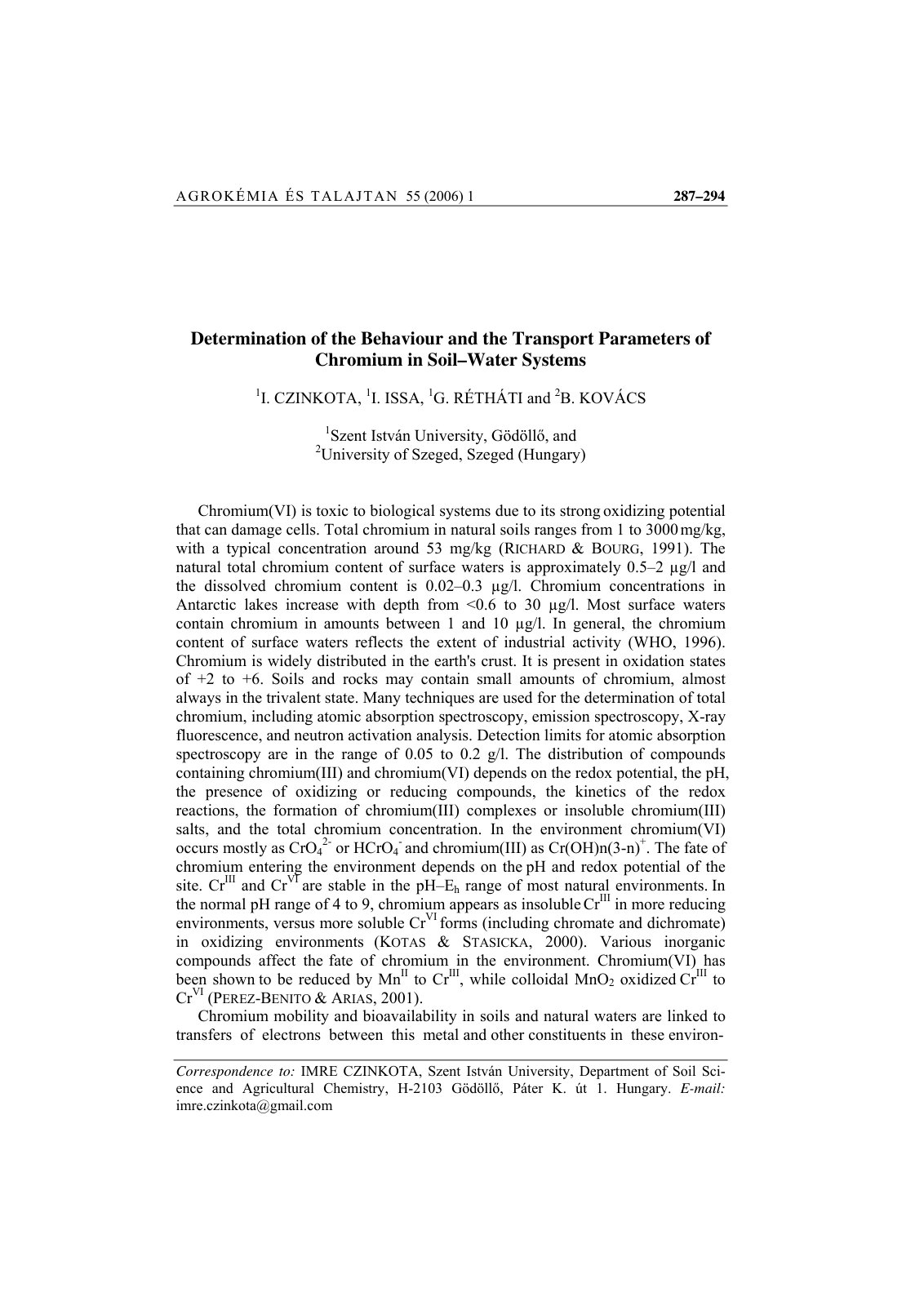 First page of Determination of the Behaviour and the Transport Parameters of Chromium in Soil–Water Systems