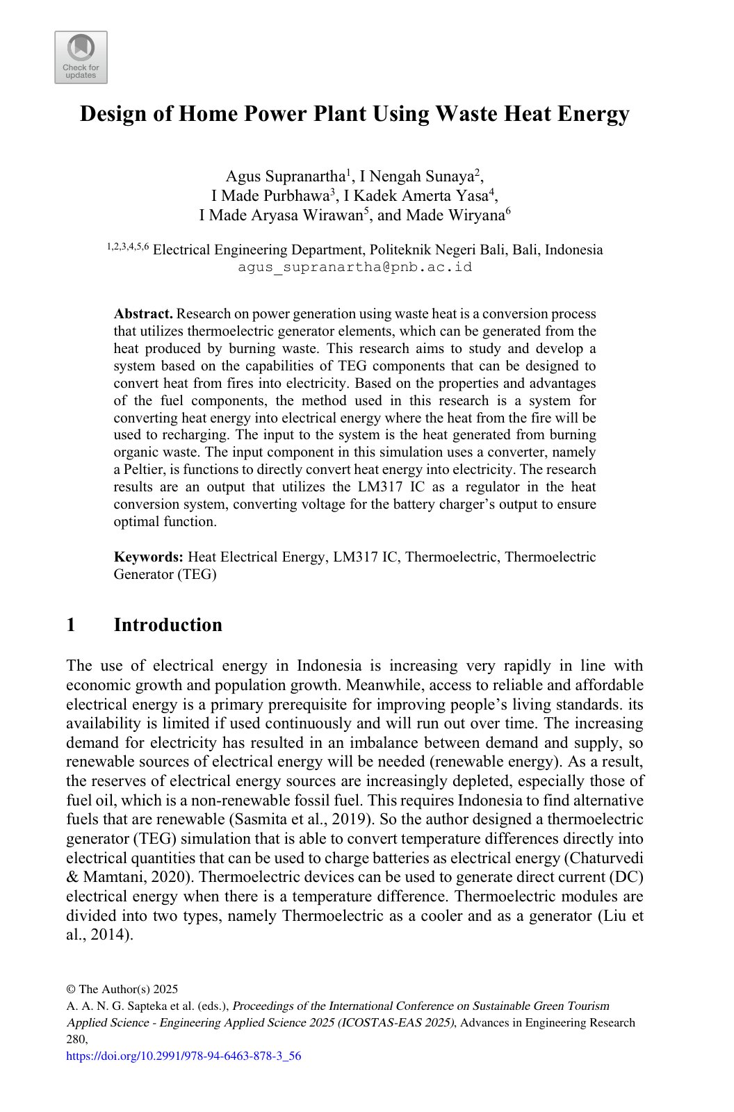 First page of Design of Home Power Plant Using Waste H