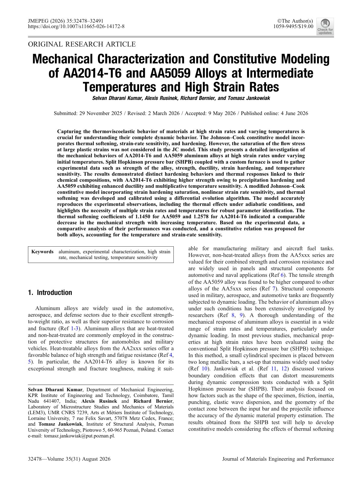 First page of 2026 Kumar AA2014 AA5059 High Strain Rate