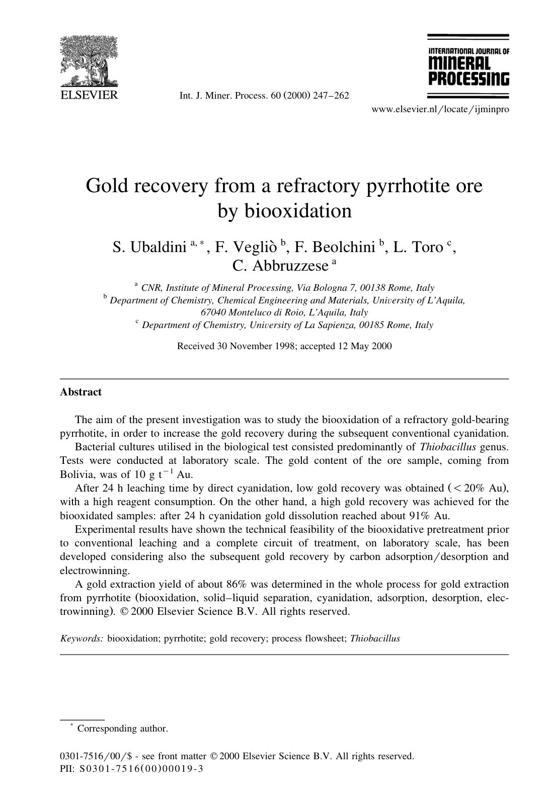 First page of Gold recovery from a refractory pyrrhoti
