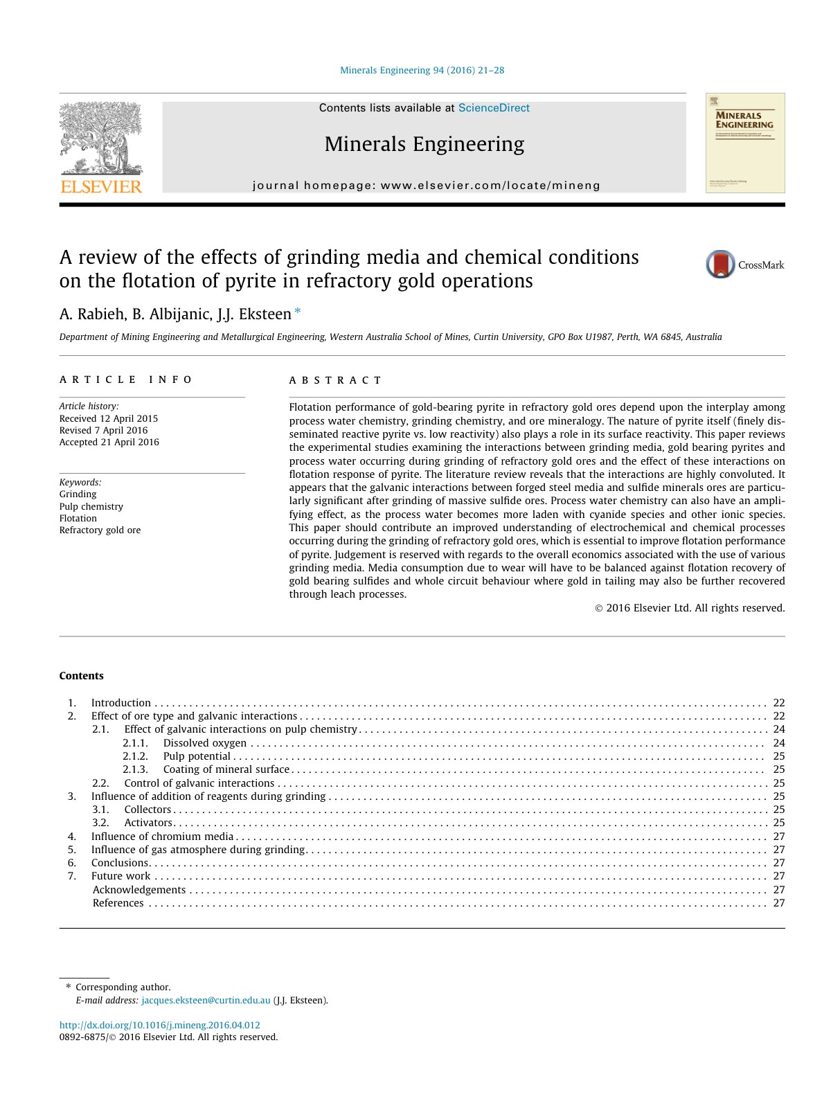 First page of A review of the effects of grinding media and chemical conditions on the ﬂotation of pyrite in refractory gold operations