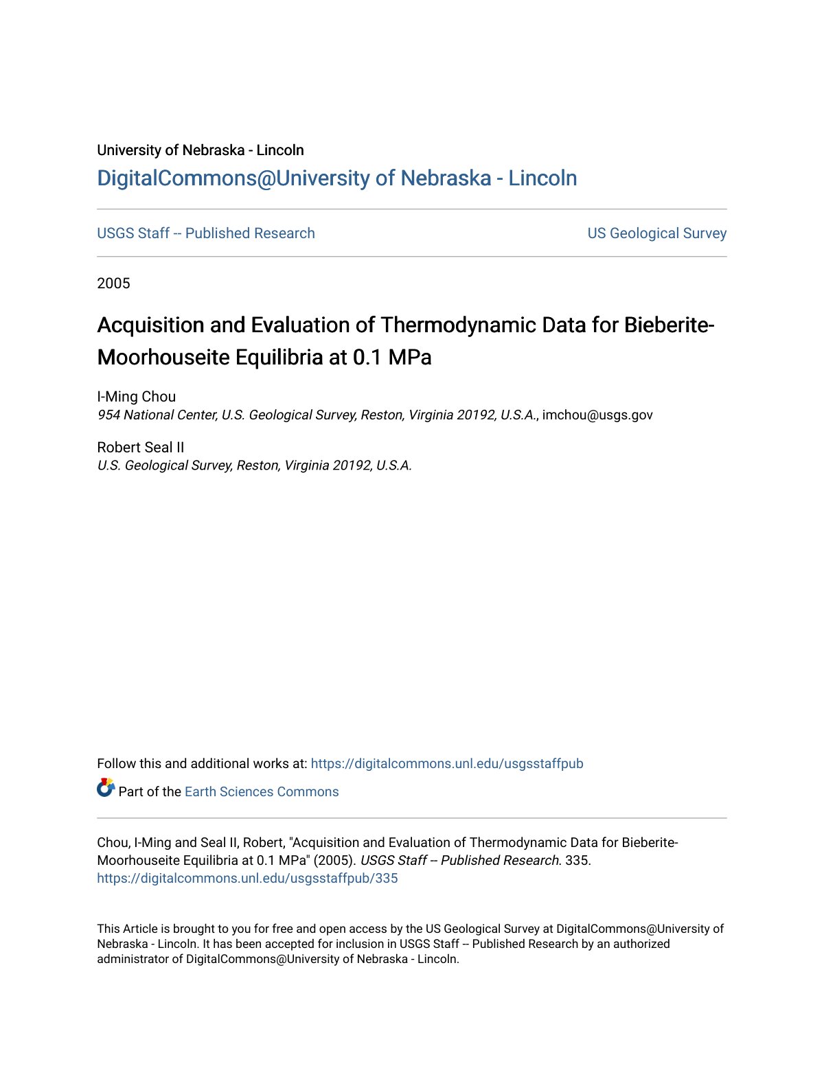 First page of Acquisition and Evaluation of Thermodynamic Data for Bieberite-Moorhouseite Equilibria at 0.1 MPa