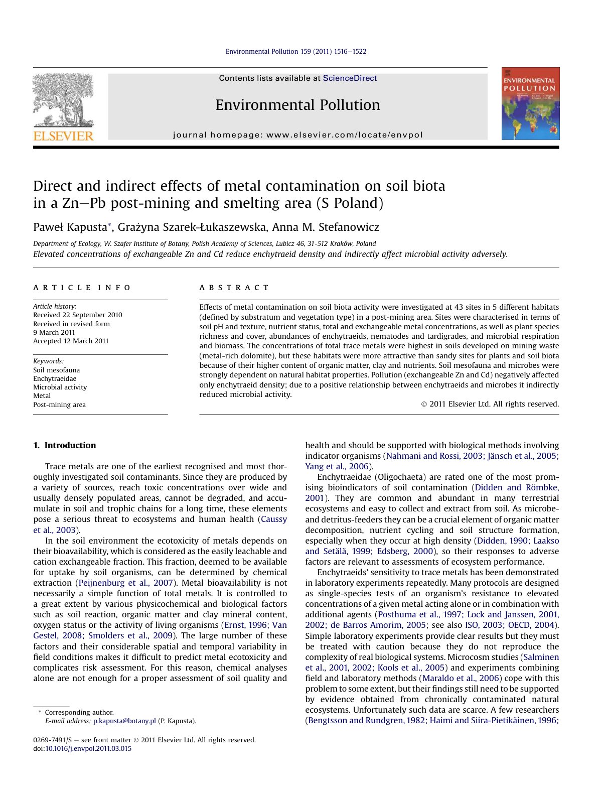 First page of Direct and indirect effects of metal contamination on soil biota in a post-mining and smelting area (S Poland)
