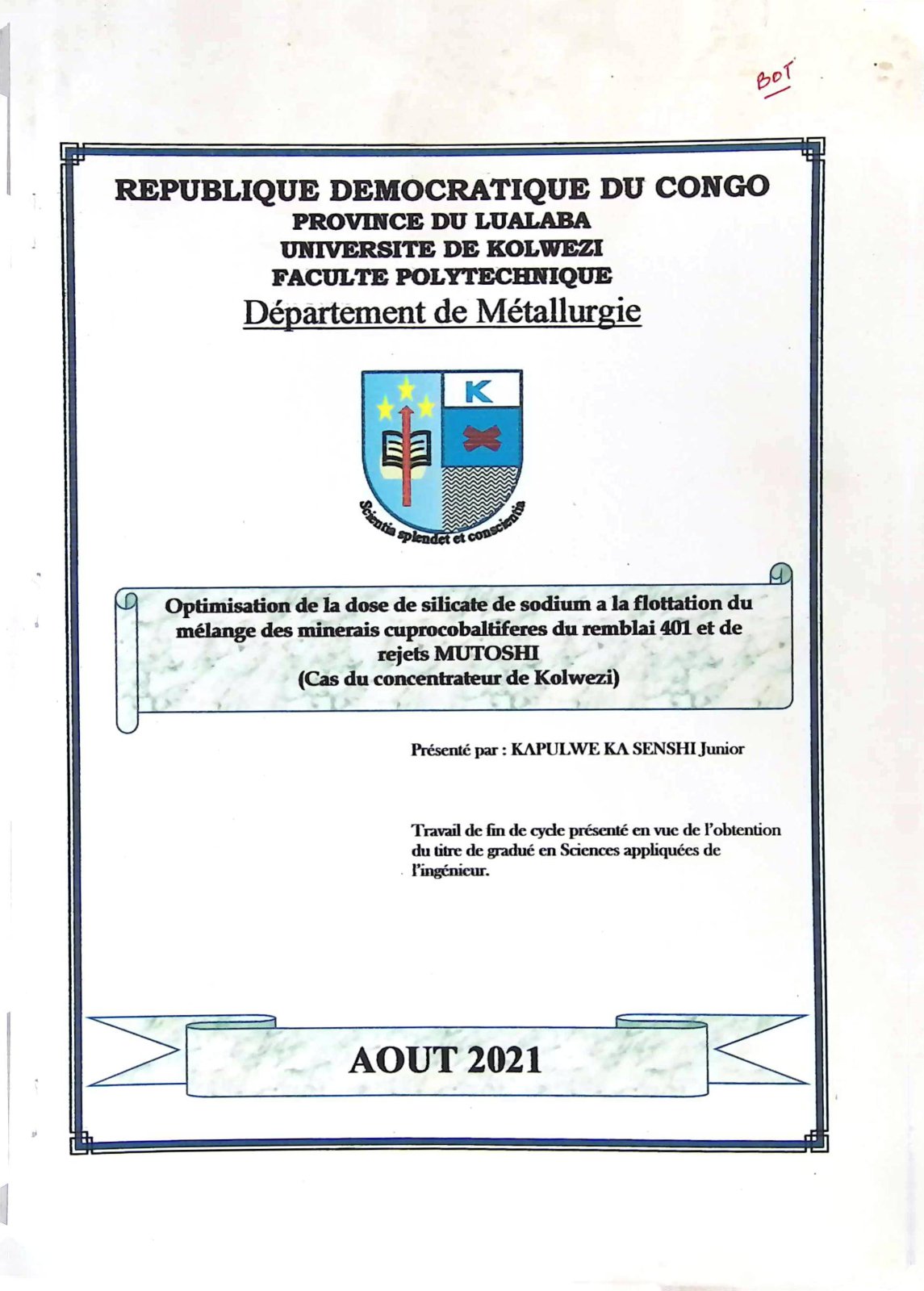 First page of Optimisation de la dose de silicate de sodium a la flottation du melange des minerais cuprocobaltiferes du remb lai 401 et de rejets MUTOSHI