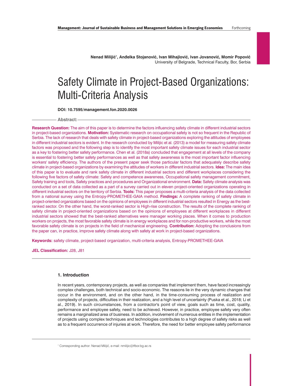 First page of Safety Climate in Project Based Organiza