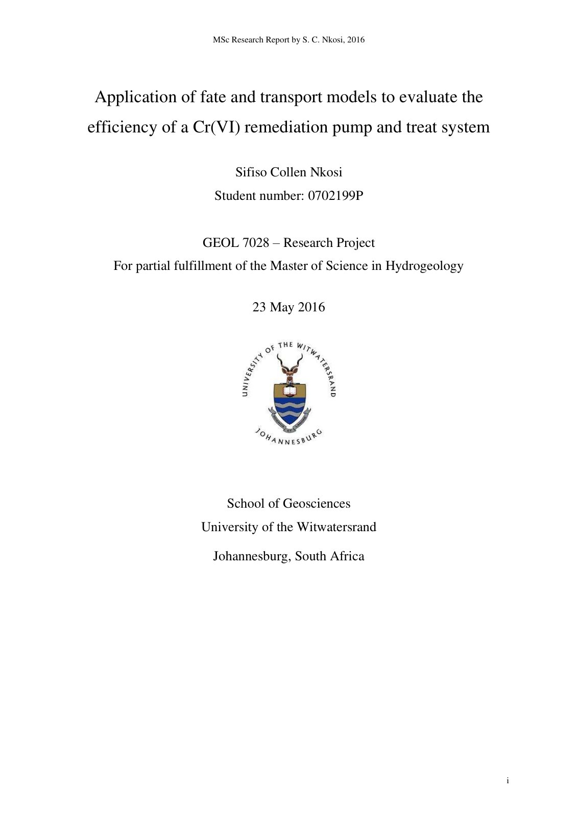 First page of Application of fate and transport models to evaluate the efficiency of a Cr(VI) remediation pump and treat system