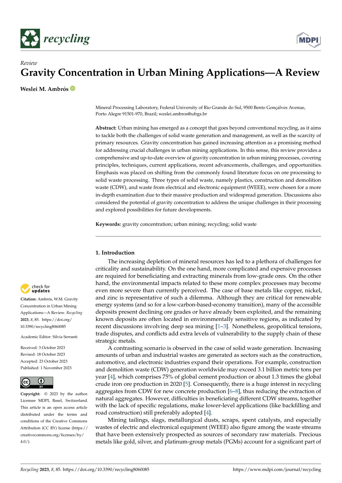 First page of Gravity Concentration in Urban Mining Ap