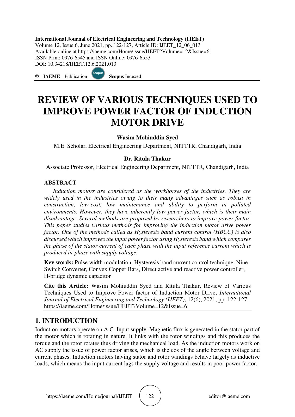 First page of Review of Various Techniques Used to Improve Power Factor of Induction Motor Drive