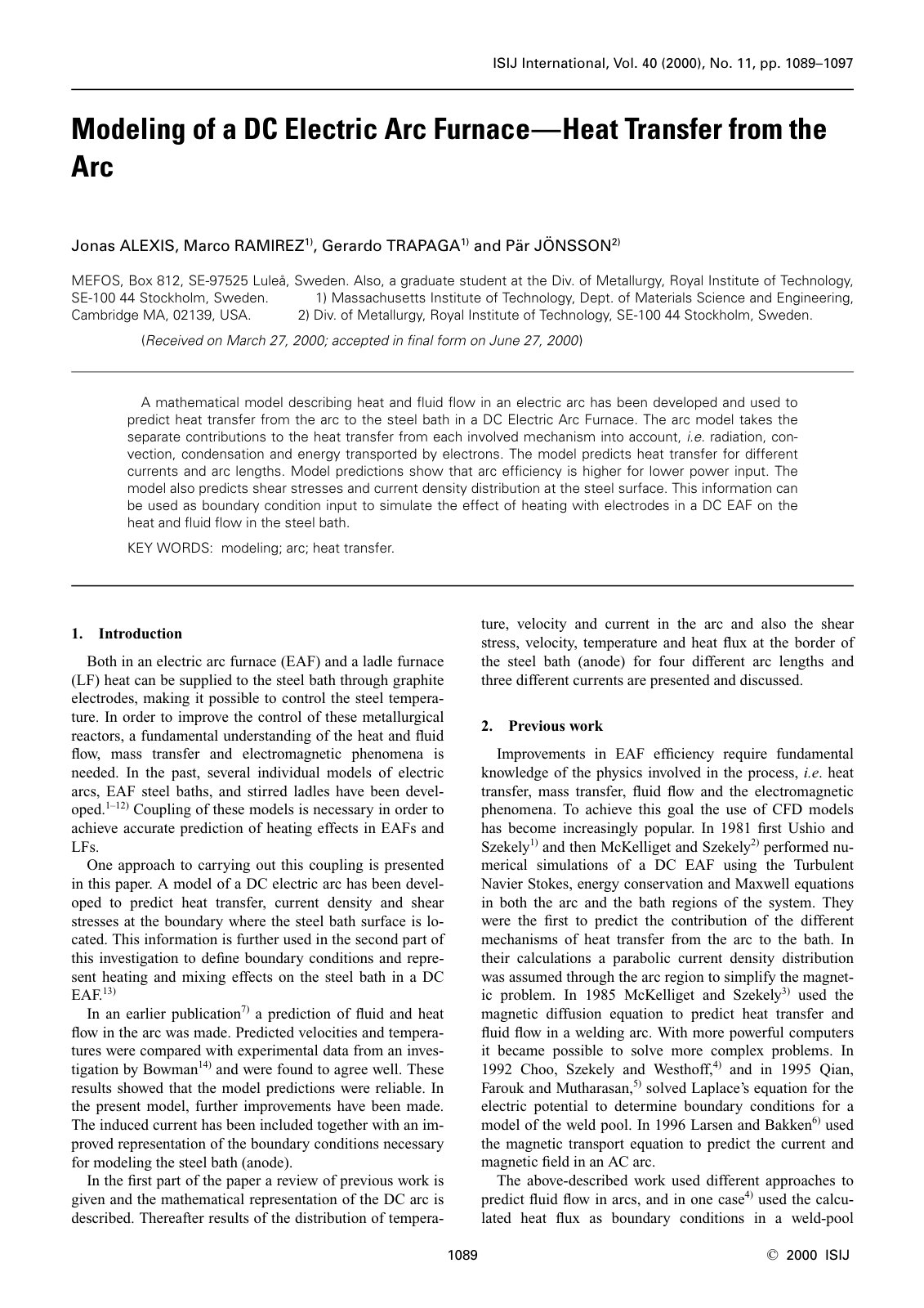 First page of 2000 Jonas Alexis Modeling of a DC Electric Arc Furnace. Heat Transfer from the Arc isijinternational.40.1089