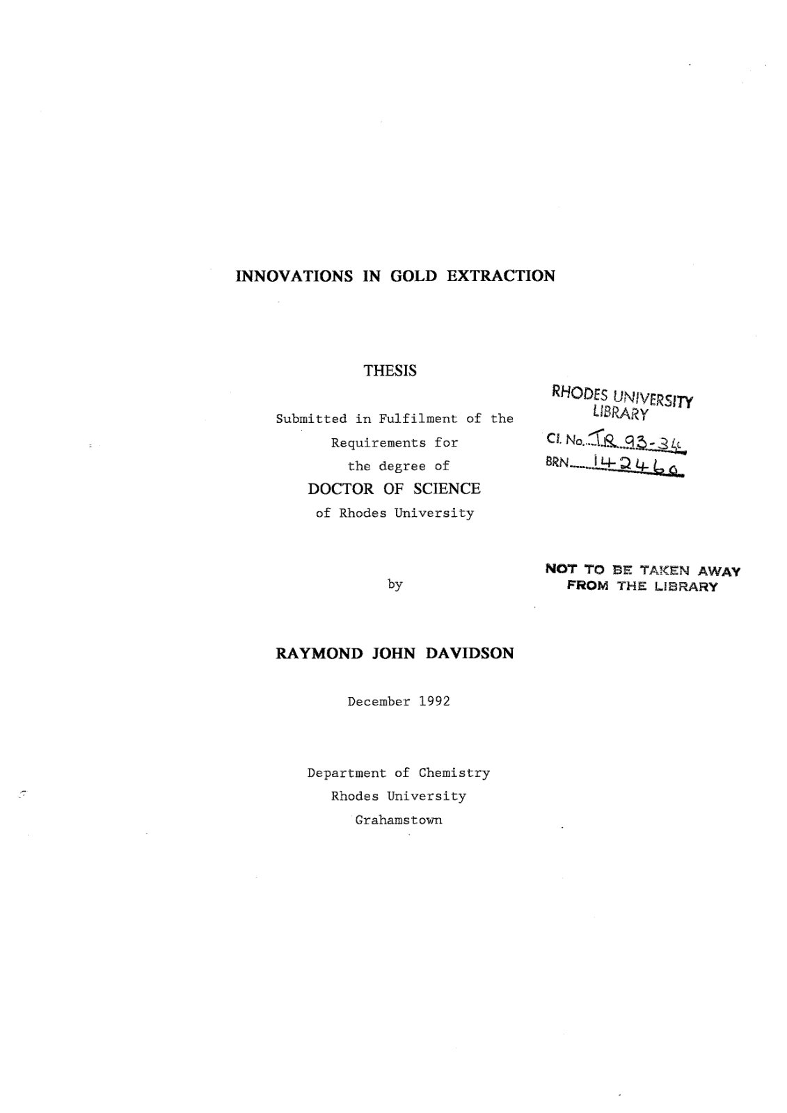First page of DAVIDSON DSc TR93 34