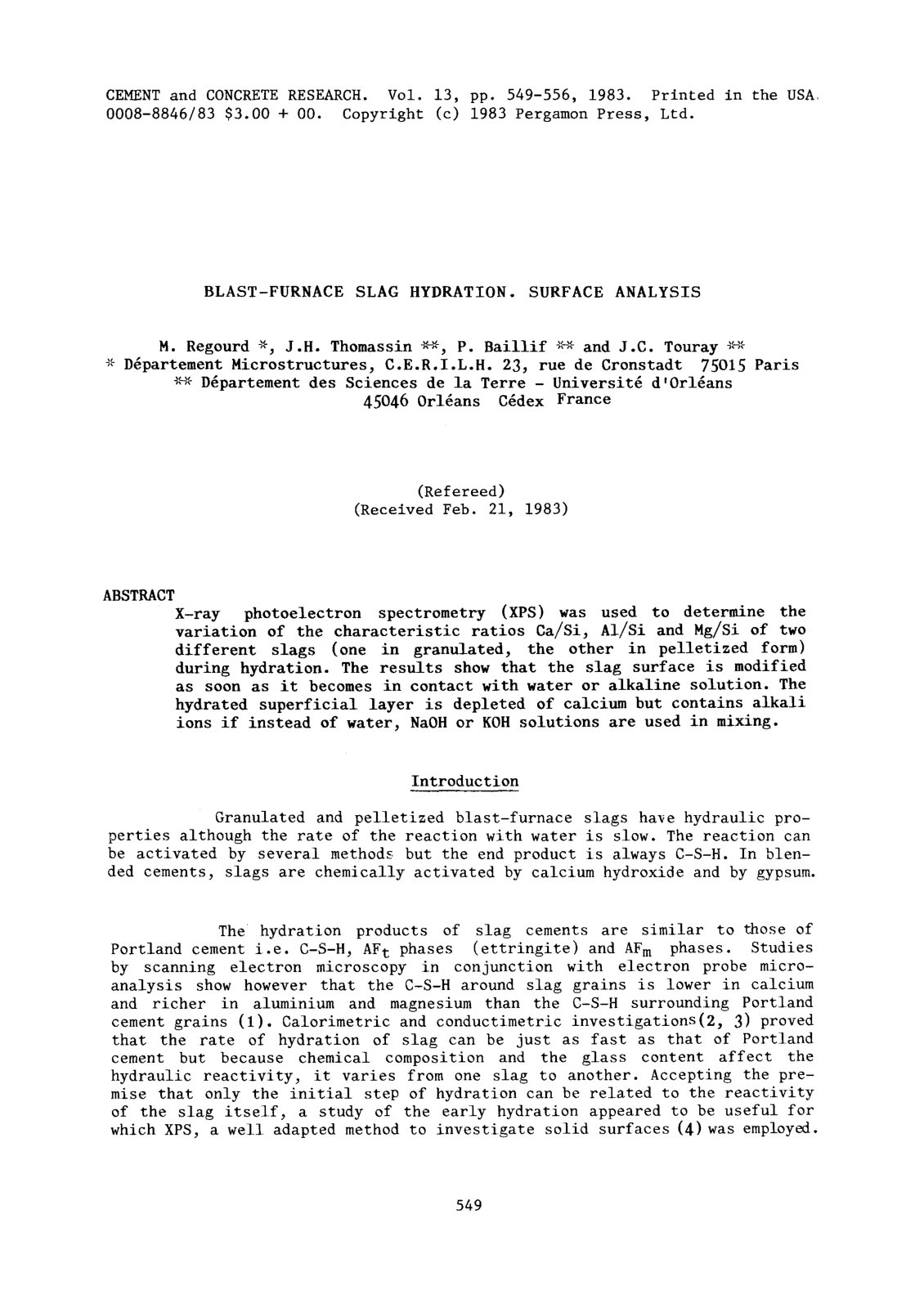 First page of BLAST-FURNACE SLAG HYDRATION. SURFACE ANALYSIS