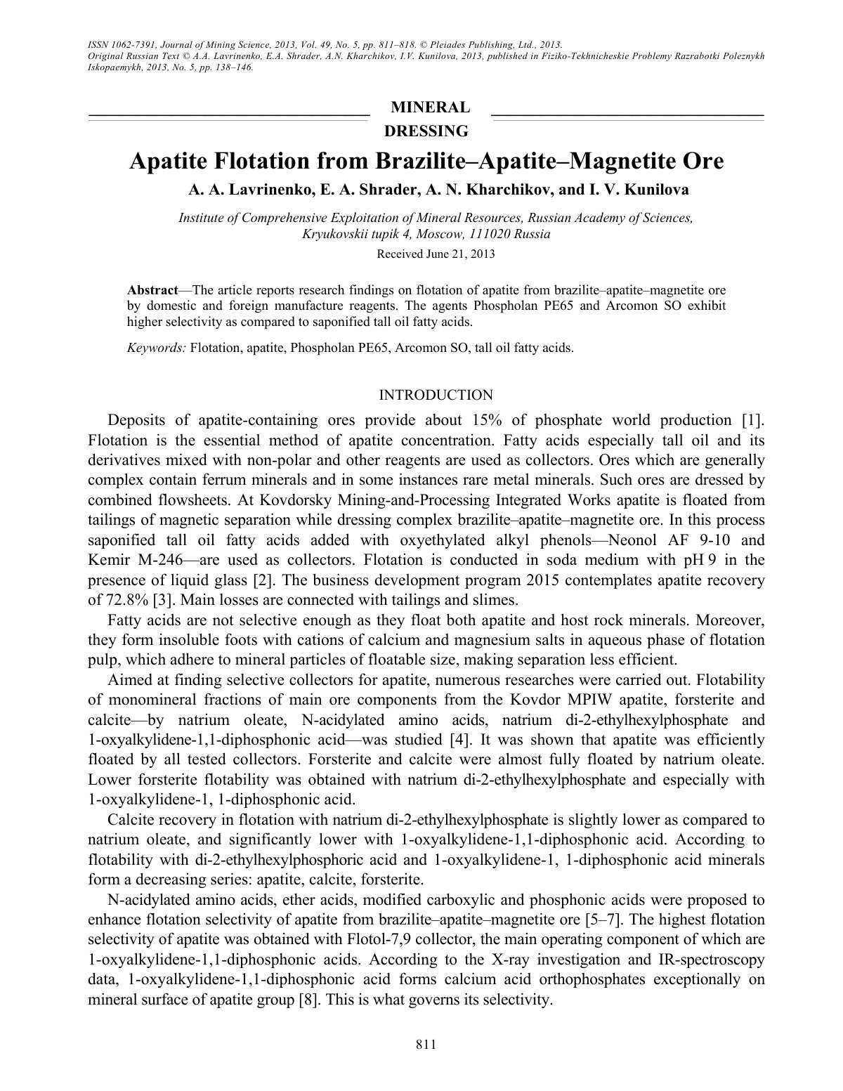 First page of Apatite Flotation from Brazilite–Apatite–Magnetite Ore